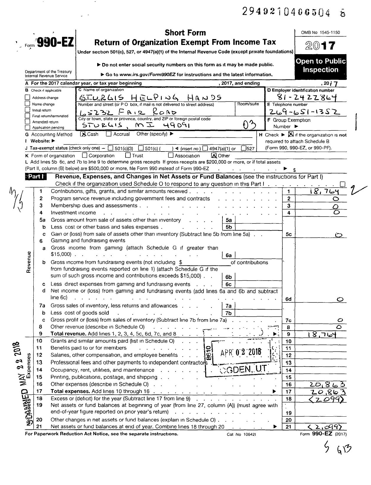 Image of first page of 2017 Form 990EZ for Sturgis Helping Hands