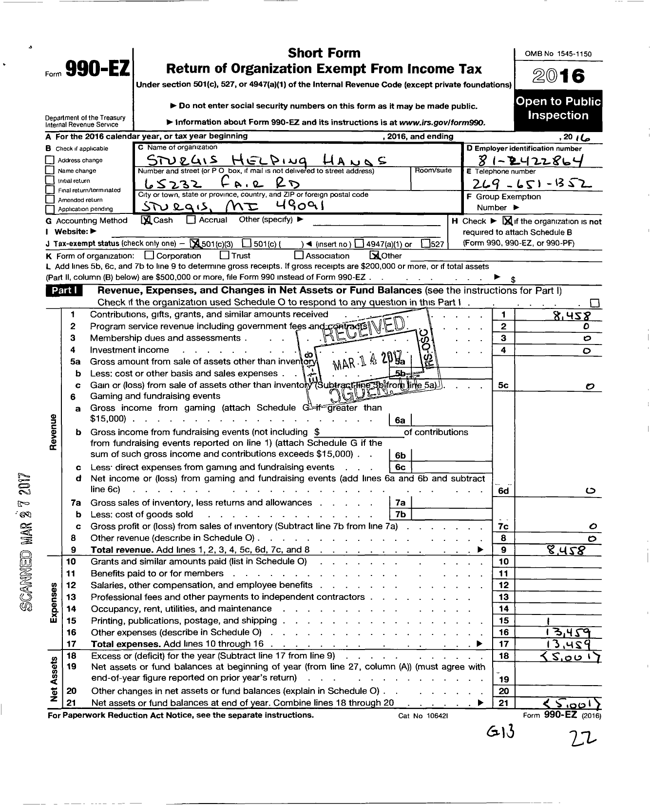 Image of first page of 2016 Form 990EZ for Sturgis Helping Hands