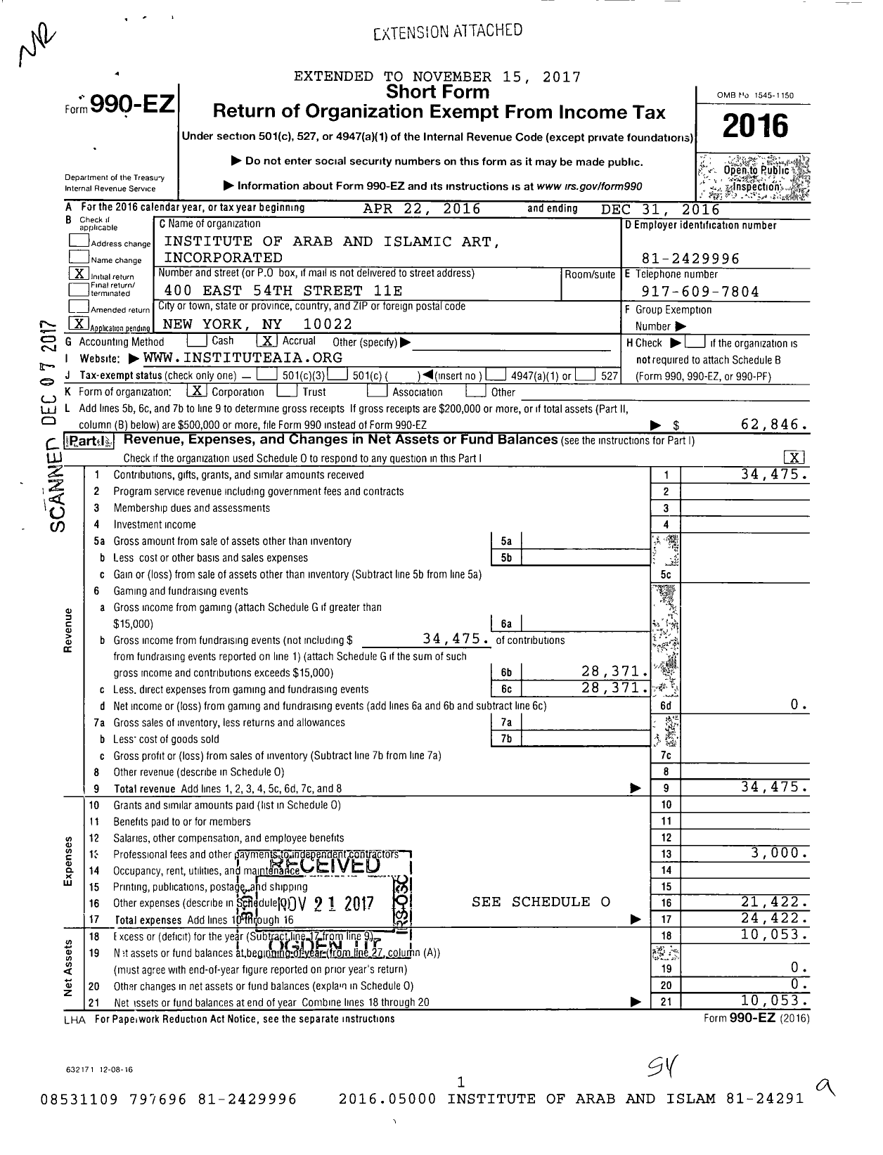 Image of first page of 2016 Form 990EO for Institute of Arab and Islamic Art Incorporated