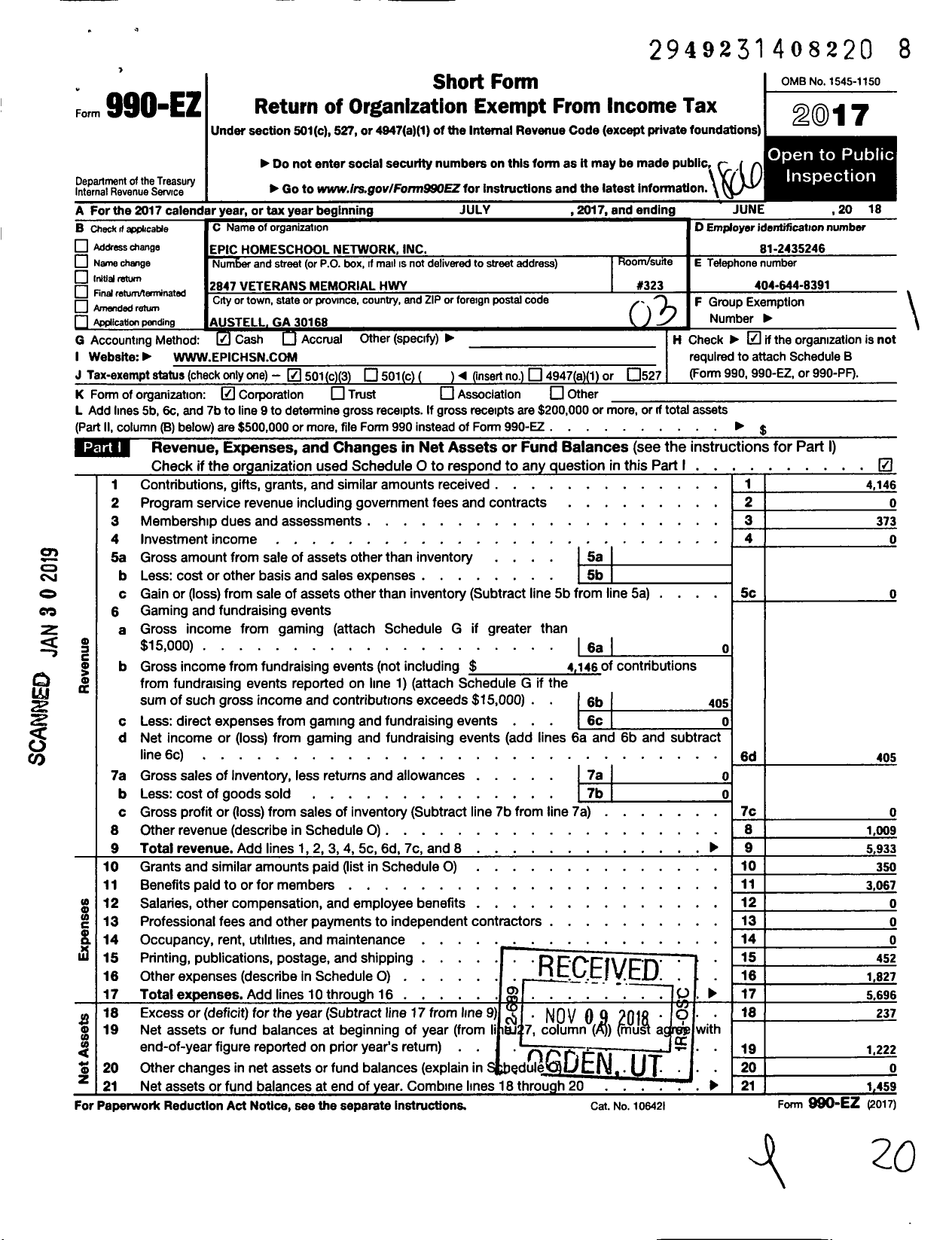 Image of first page of 2017 Form 990EZ for Epic Homeschool Network