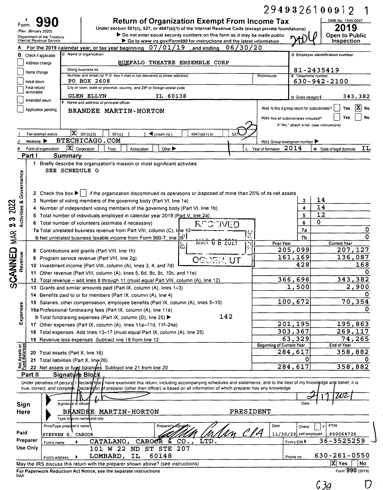 Image of first page of 2019 Form 990 for Buffalo Theatre Ensemble Corporation