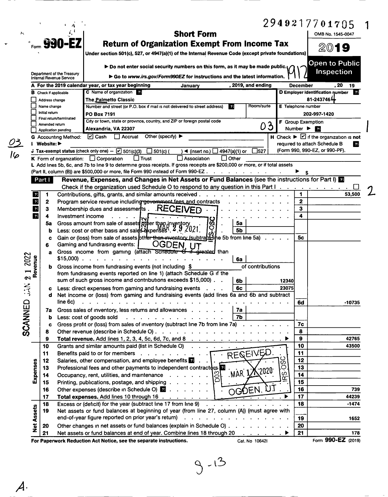 Image of first page of 2019 Form 990EZ for Palmetto Classic