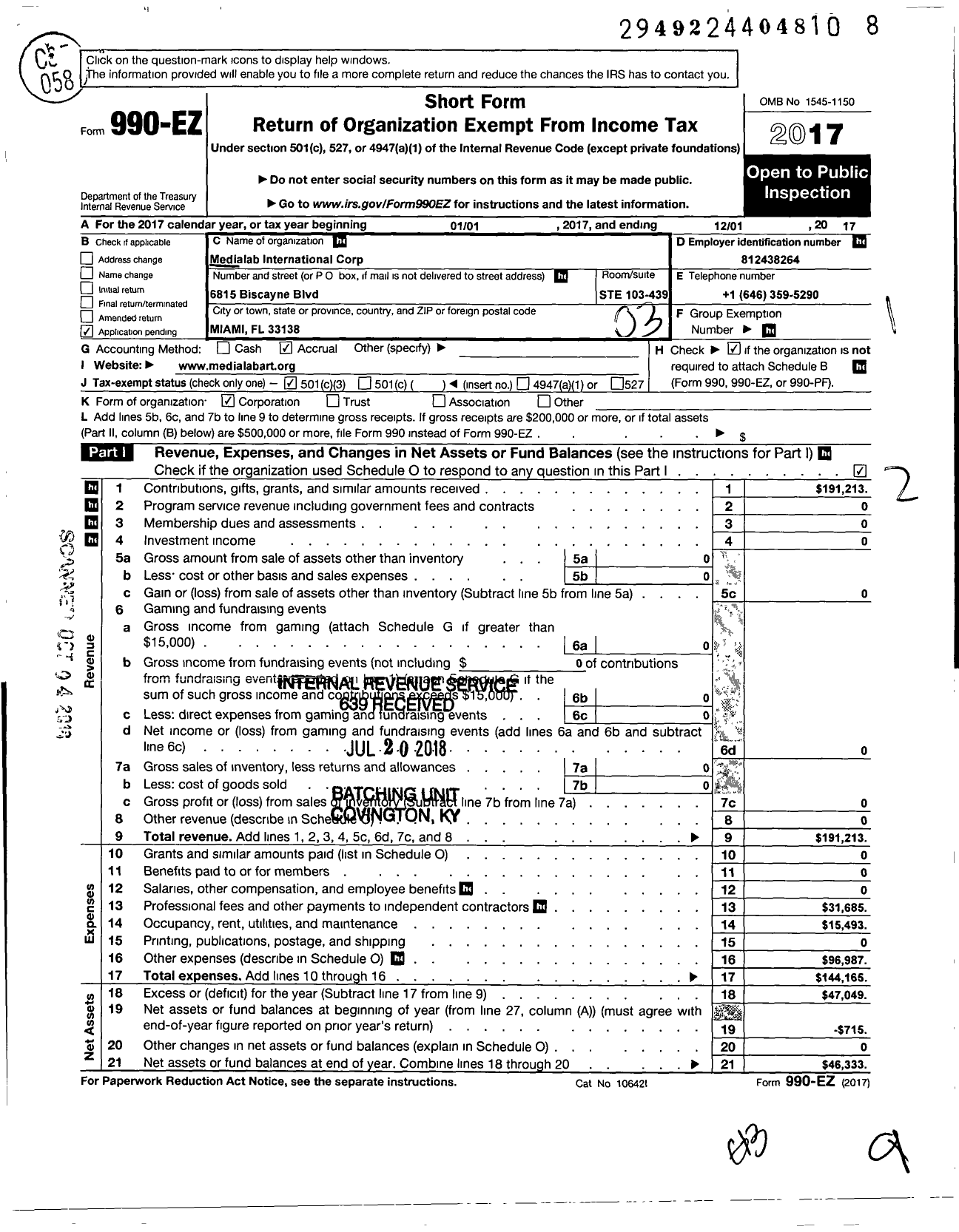 Image of first page of 2017 Form 990EZ for Medialab International Corporation