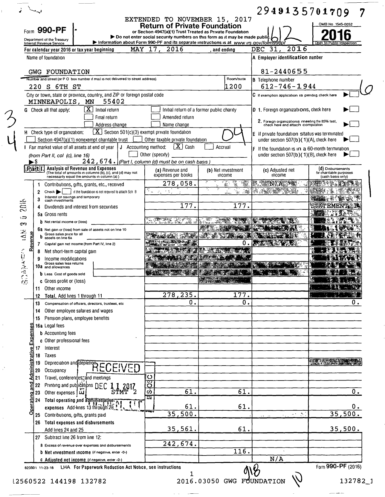 Image of first page of 2016 Form 990PF for GWG Foundation