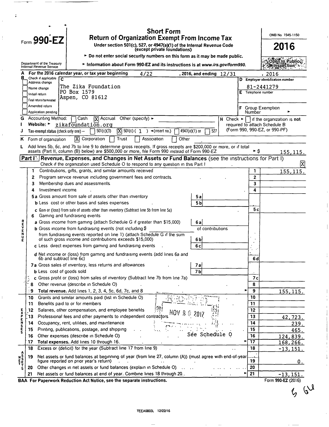 Image of first page of 2016 Form 990EO for Zika Foundation