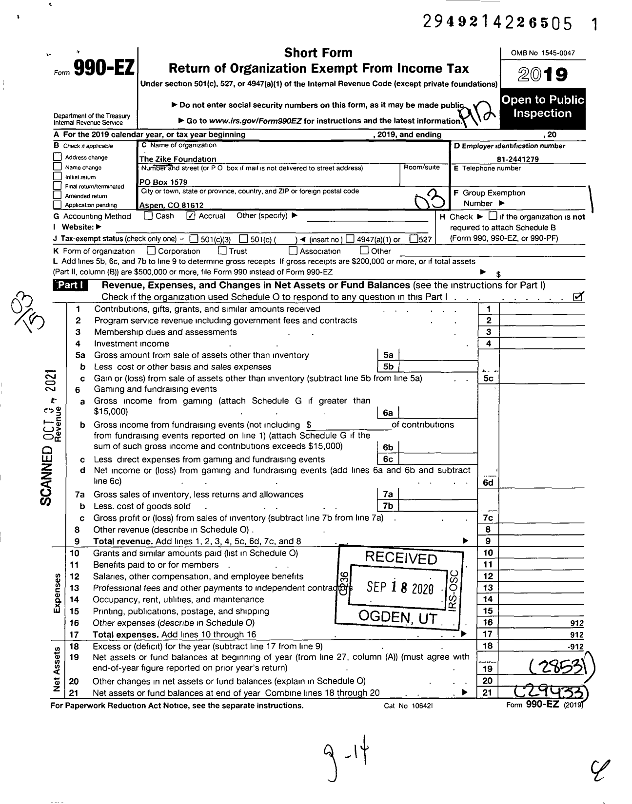 Image of first page of 2019 Form 990EZ for Zika Foundation