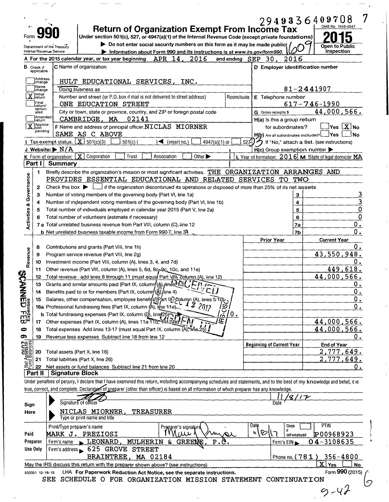 Image of first page of 2015 Form 990 for Hult International Business School