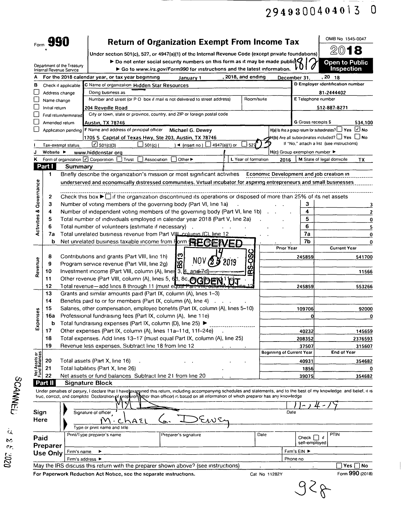 Image of first page of 2018 Form 990 for Hidden Star Resources