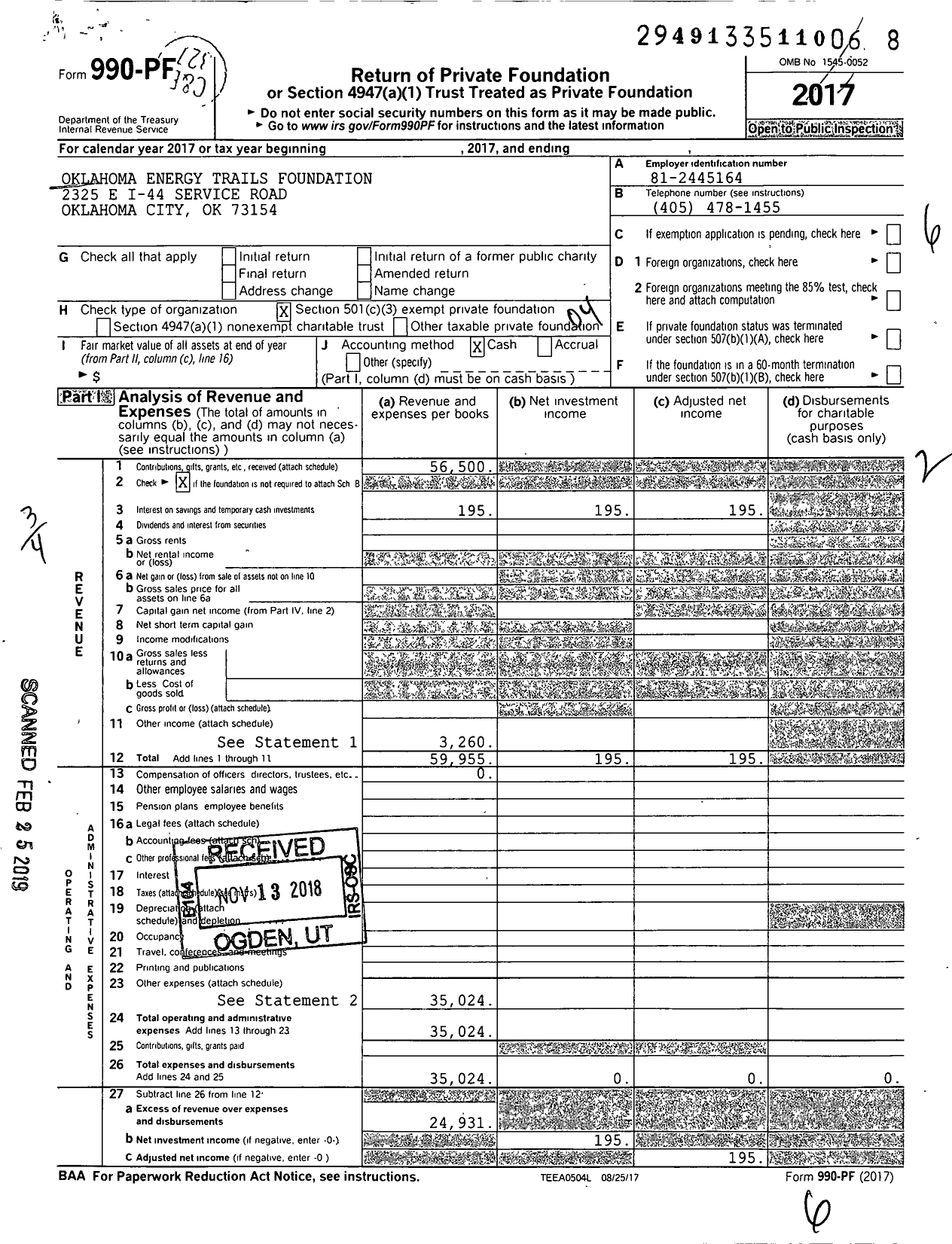 Image of first page of 2017 Form 990PF for Oklahoma Energy Trails Foundation