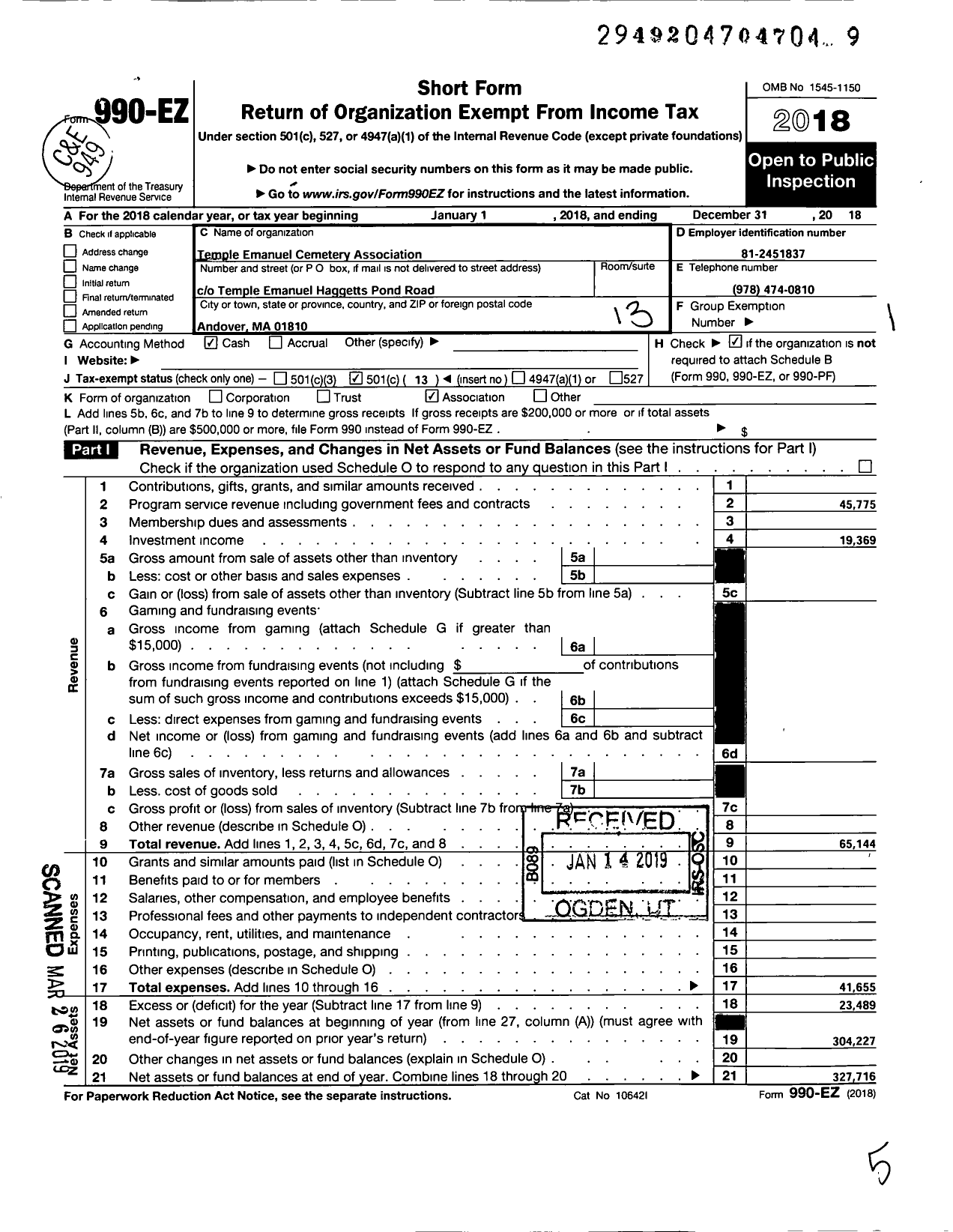 Image of first page of 2018 Form 990EO for Temple Emanuel Cemetery Association