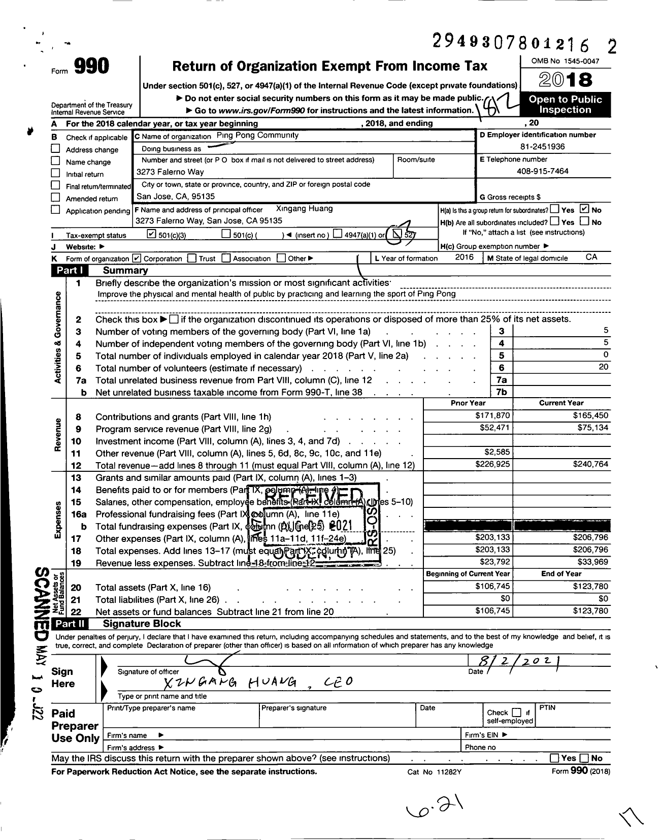 Image of first page of 2018 Form 990 for Ping Pong Community