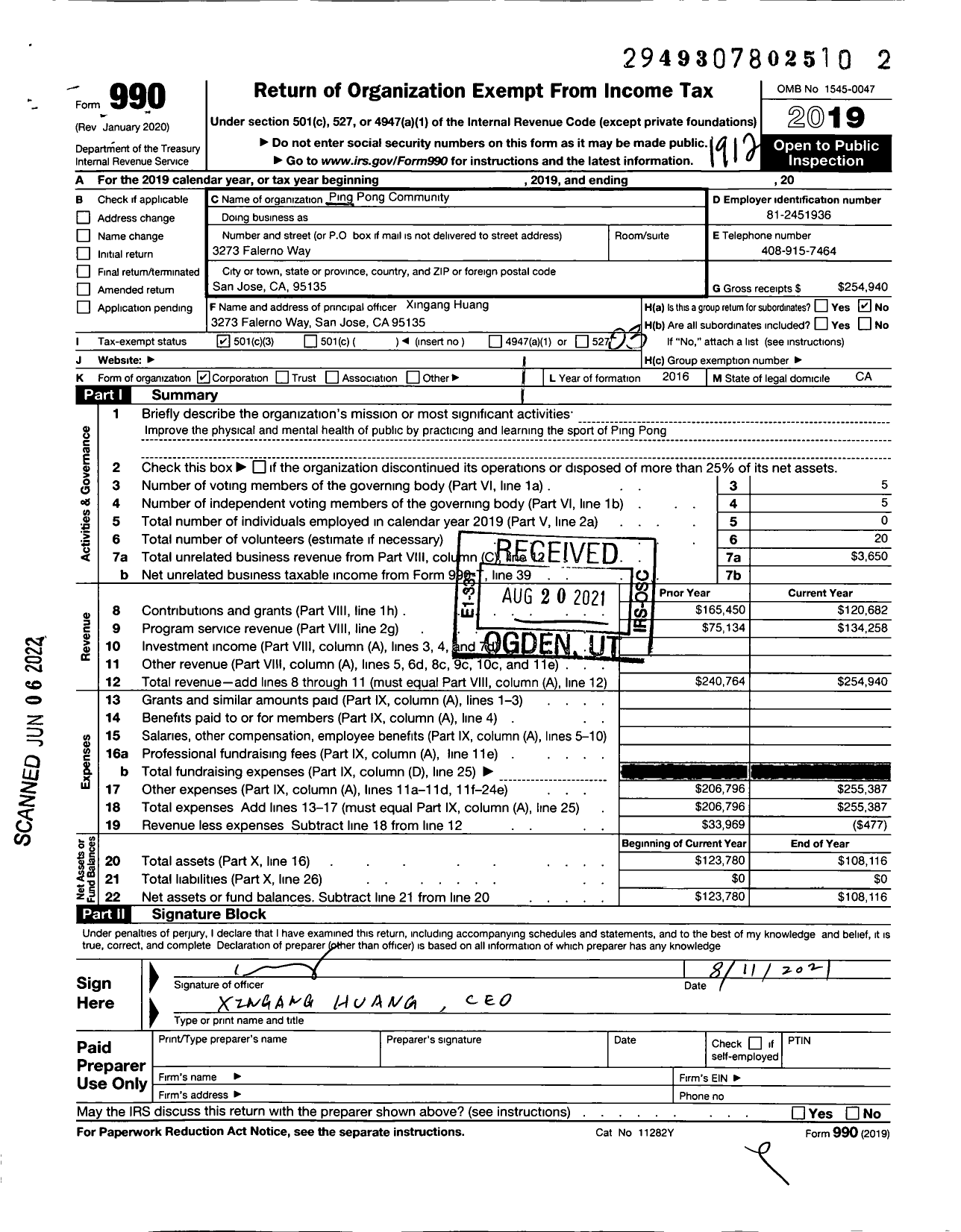 Image of first page of 2019 Form 990 for Ping Pong Community