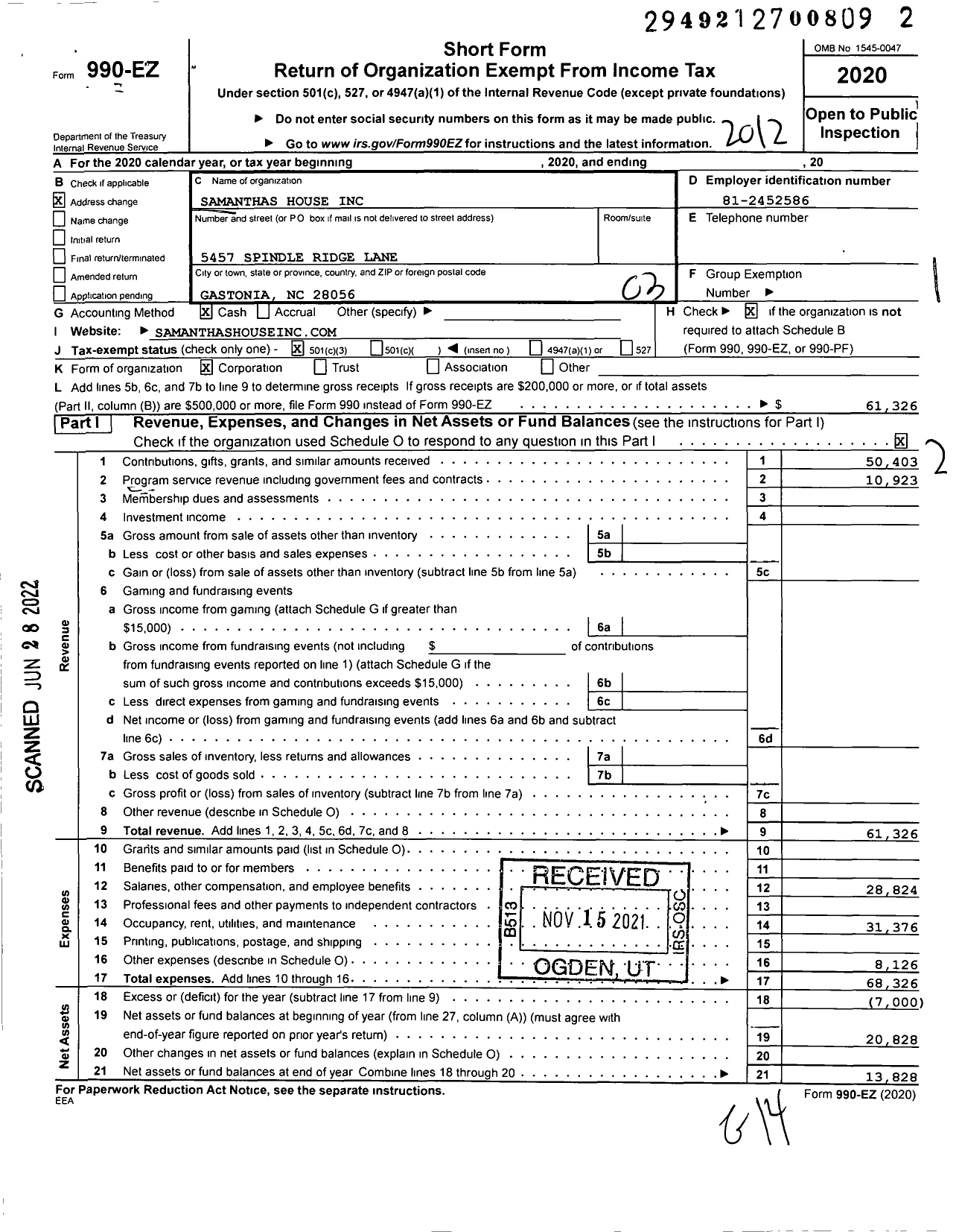 Image of first page of 2020 Form 990EZ for Samanthas House