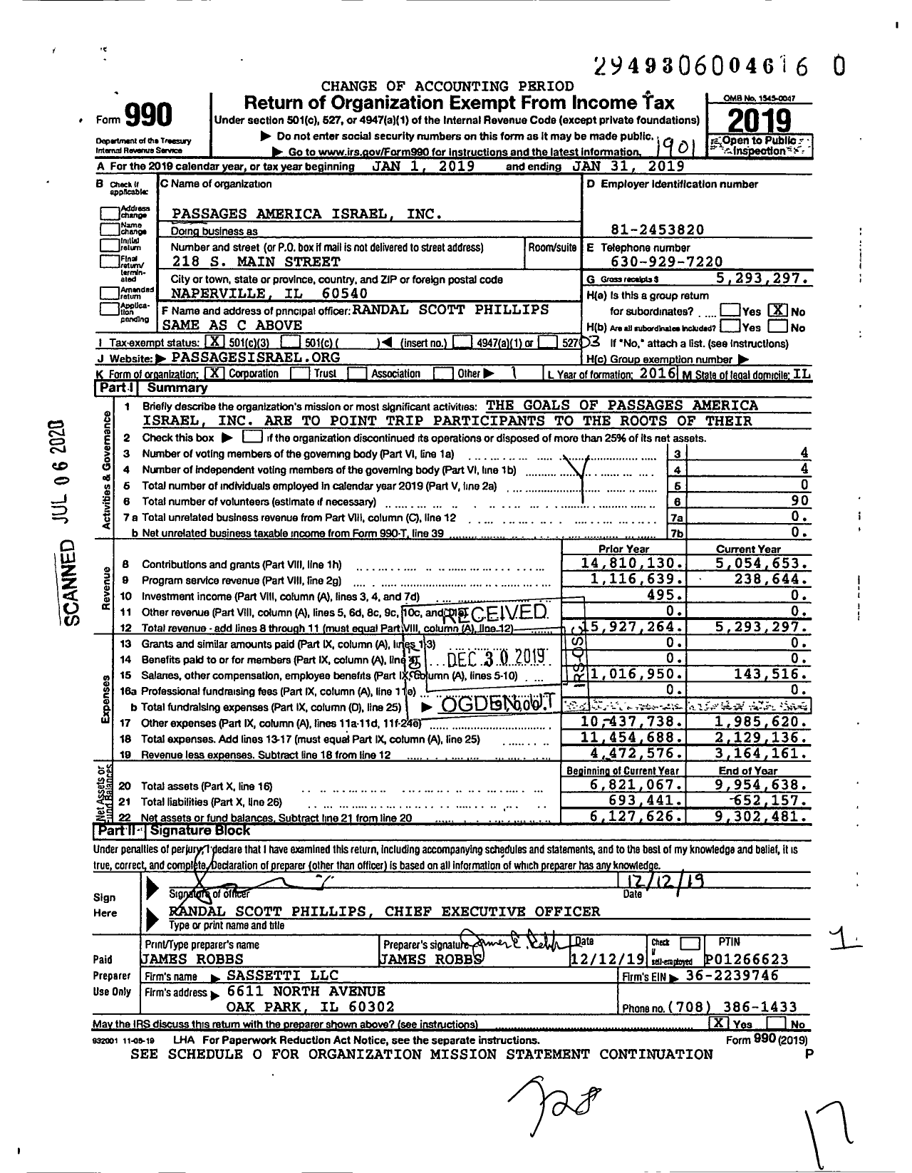 Image of first page of 2018 Form 990 for Passages America Israel