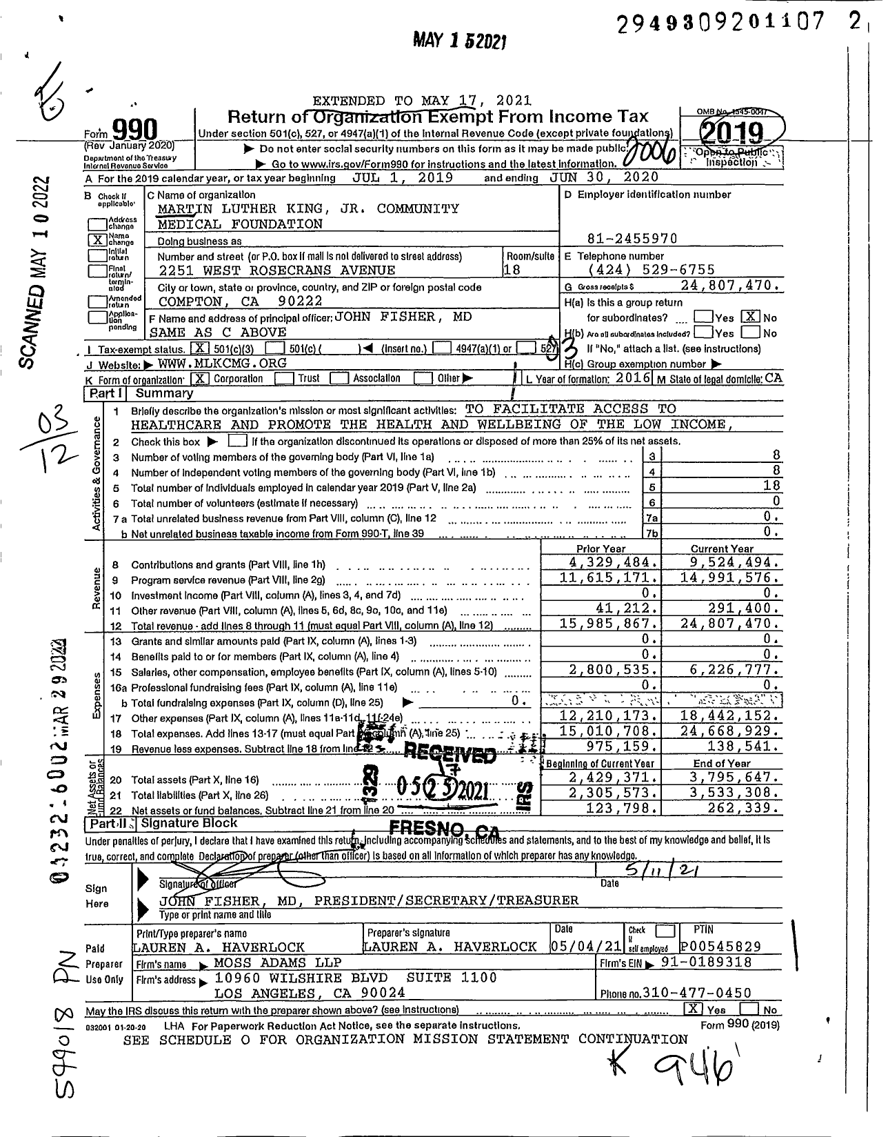 Image of first page of 2019 Form 990 for Martin Luther King Jr Community Medical Foundation