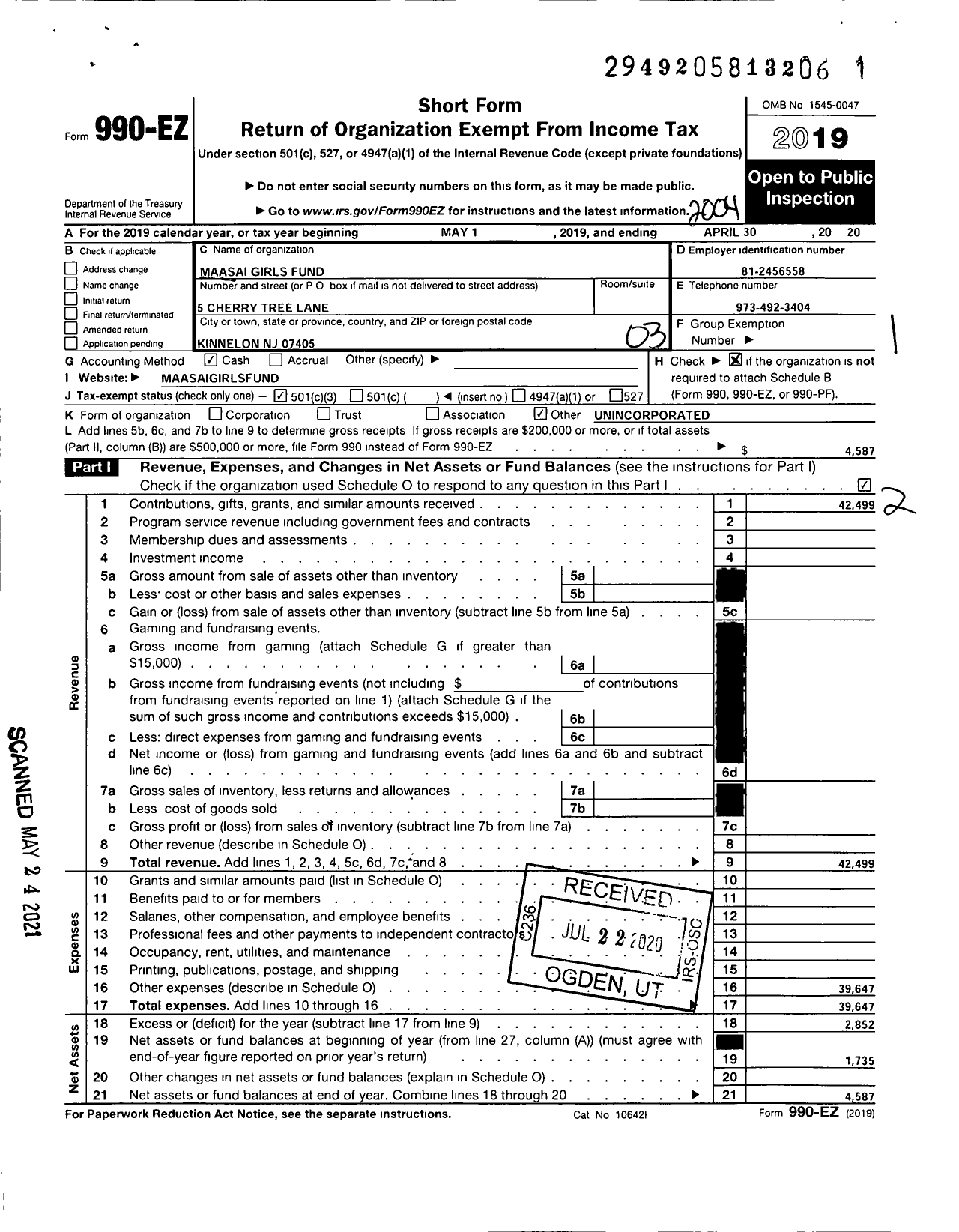 Image of first page of 2019 Form 990EZ for Maasai Girls Fund