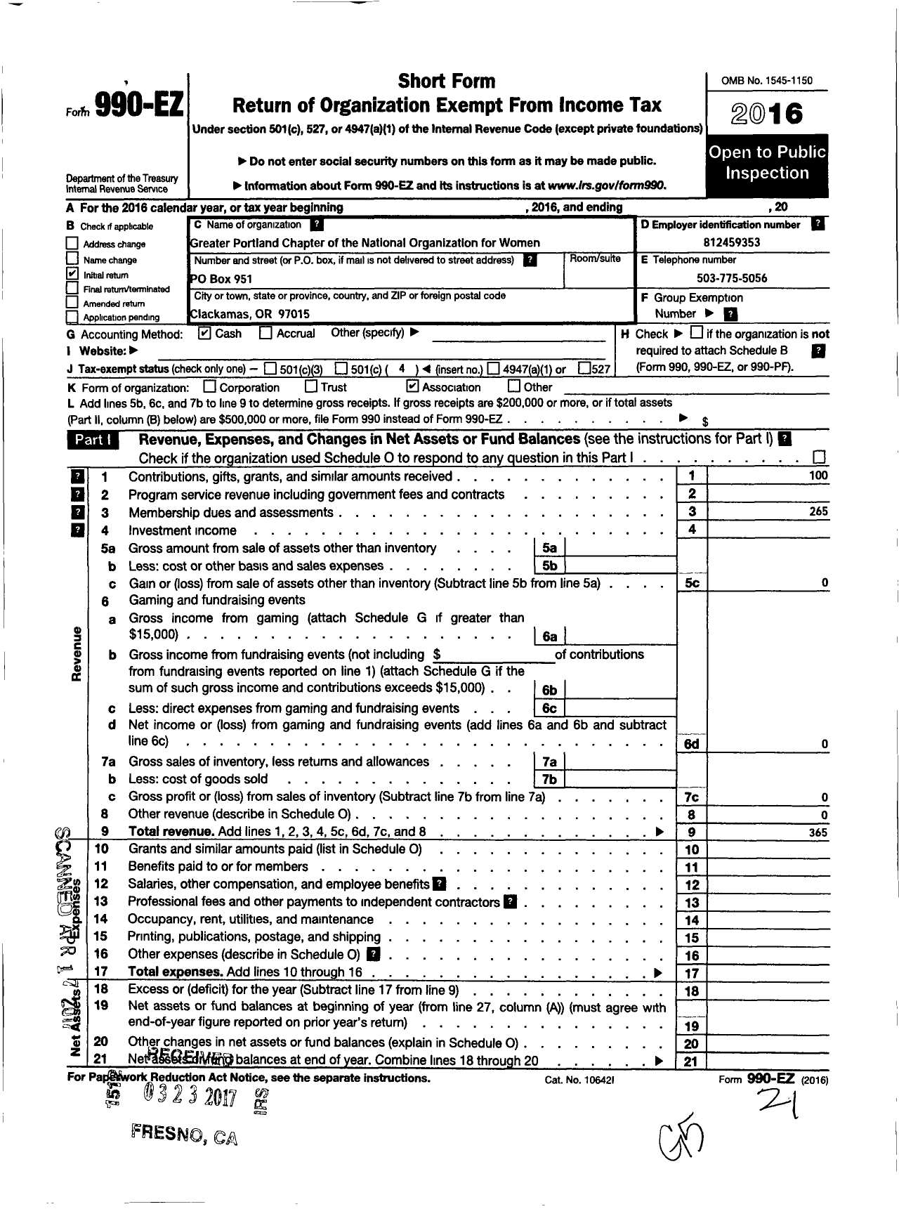 Image of first page of 2016 Form 990EO for Or0140 Greater Portland Now