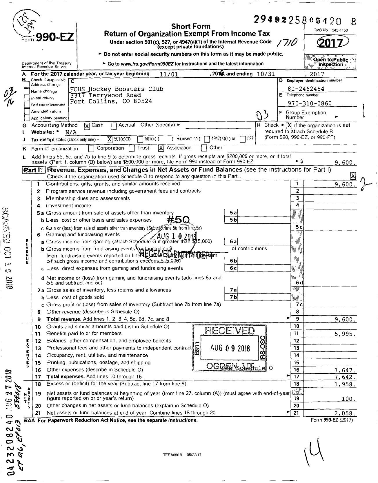 Image of first page of 2016 Form 990EZ for FCHS Hockey Booster Club