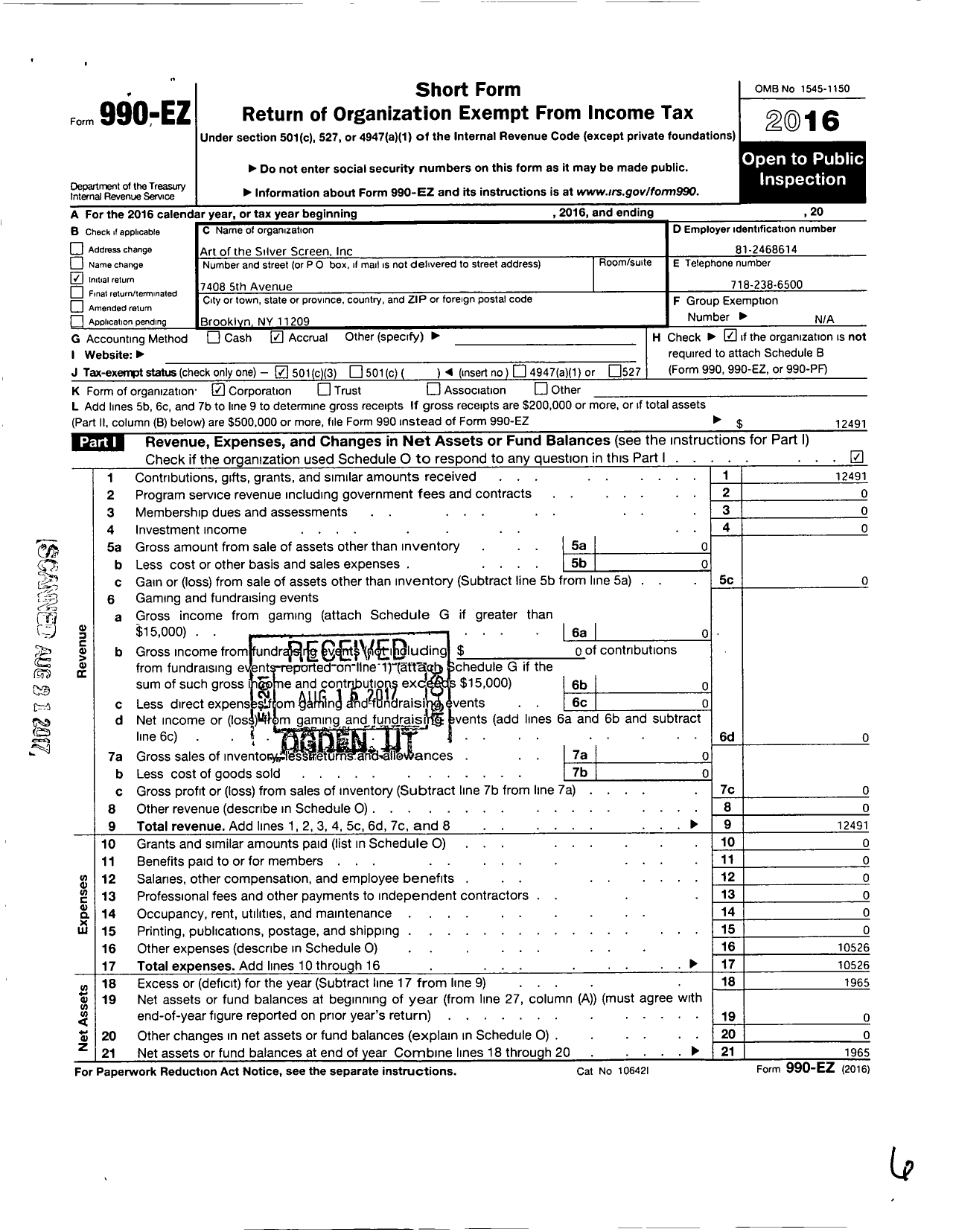 Image of first page of 2016 Form 990EZ for Art of the Silver Screen