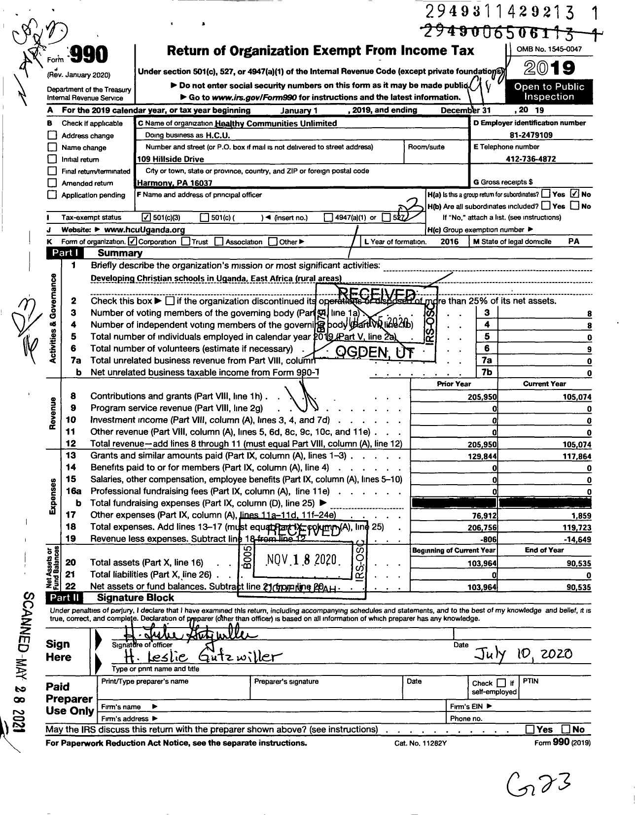 Image of first page of 2019 Form 990 for Healthy Communities Unlimited