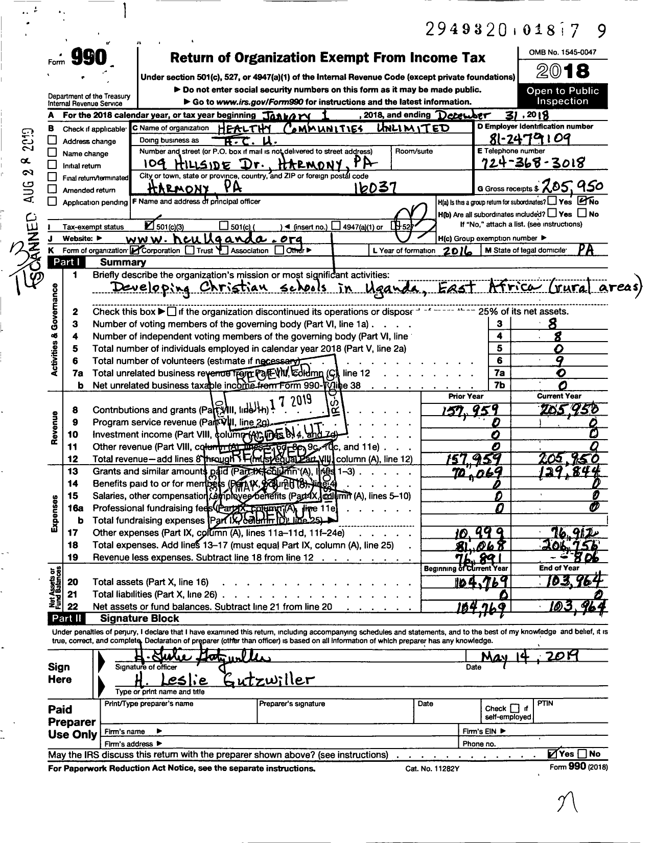 Image of first page of 2018 Form 990 for Healthy Communities Unlimited