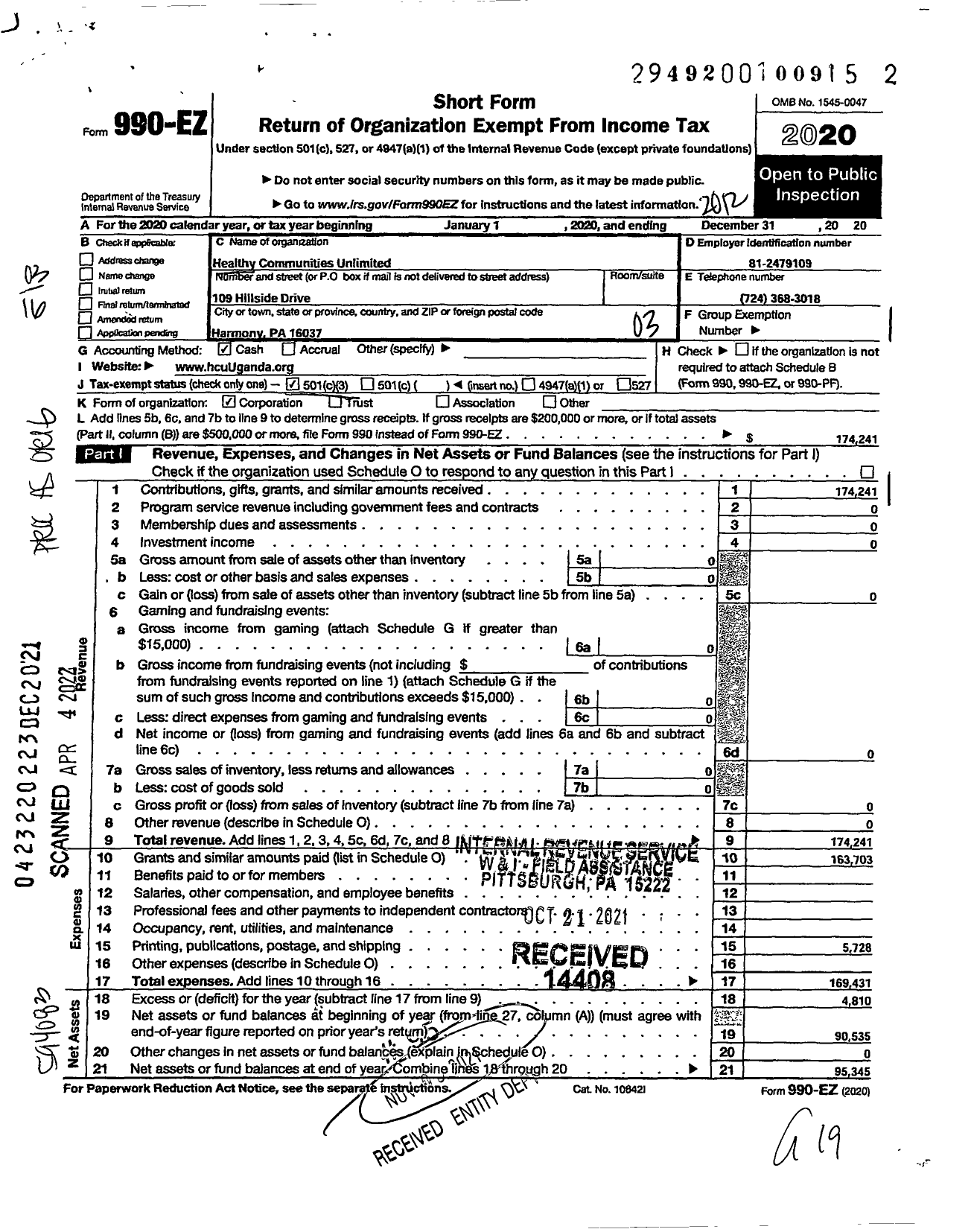 Image of first page of 2020 Form 990EZ for Healthy Communities Unlimited