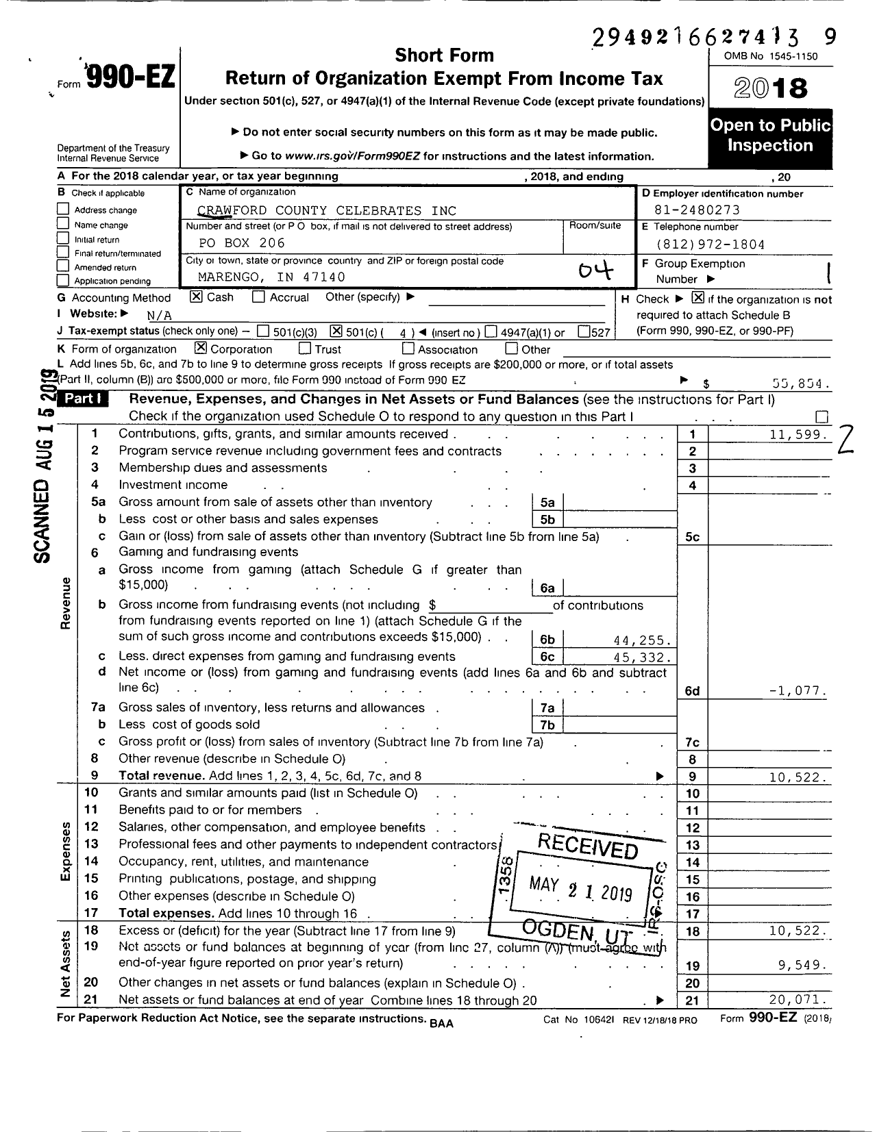 Image of first page of 2018 Form 990EO for Crawford County Celebrates