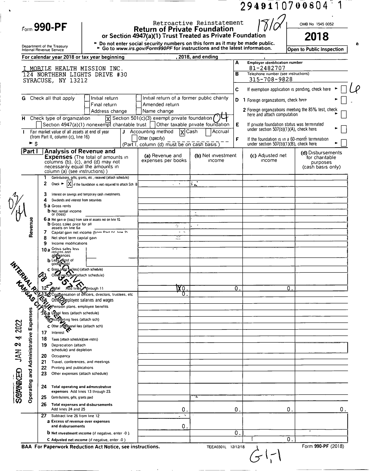 Image of first page of 2018 Form 990PF for I Mobile Health Mission