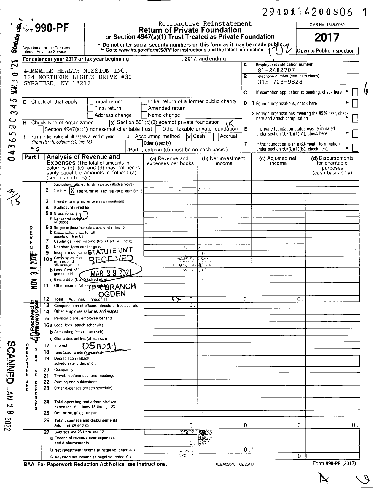 Image of first page of 2017 Form 990PF for I Mobile Health Mission