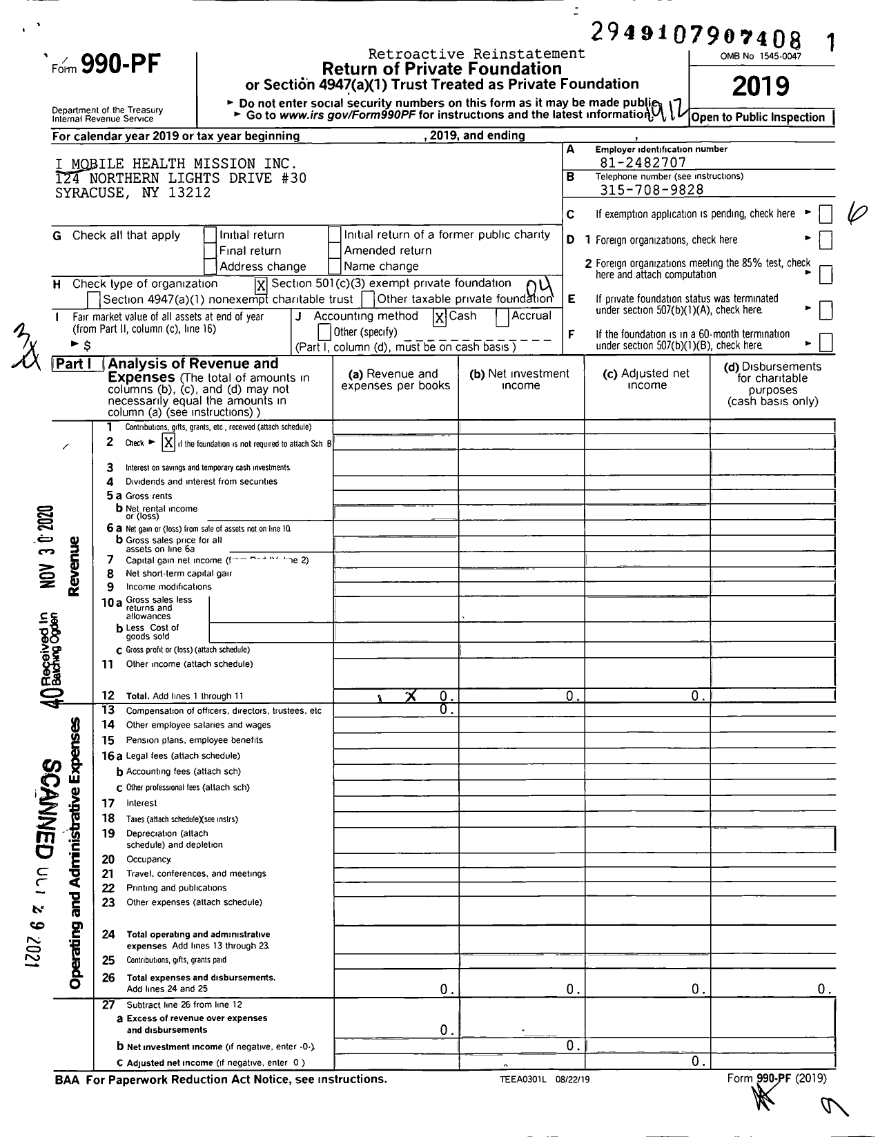 Image of first page of 2019 Form 990PF for I Mobile Health Mission