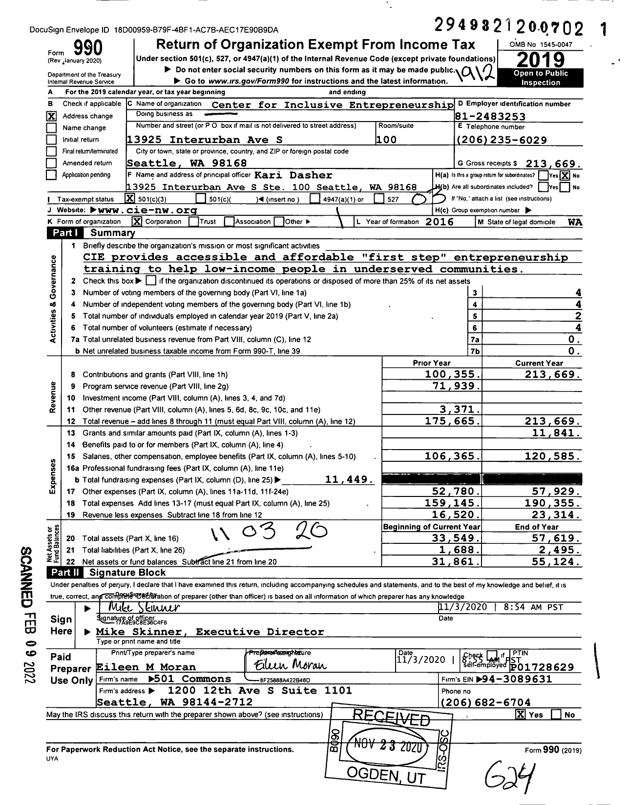 Image of first page of 2019 Form 990 for Center for Inclusive Entrepreneurship (CIE)