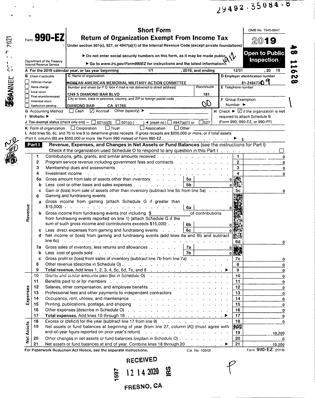 Image of first page of 2019 Form 990EO for Korean American Memorial Military Action Committee