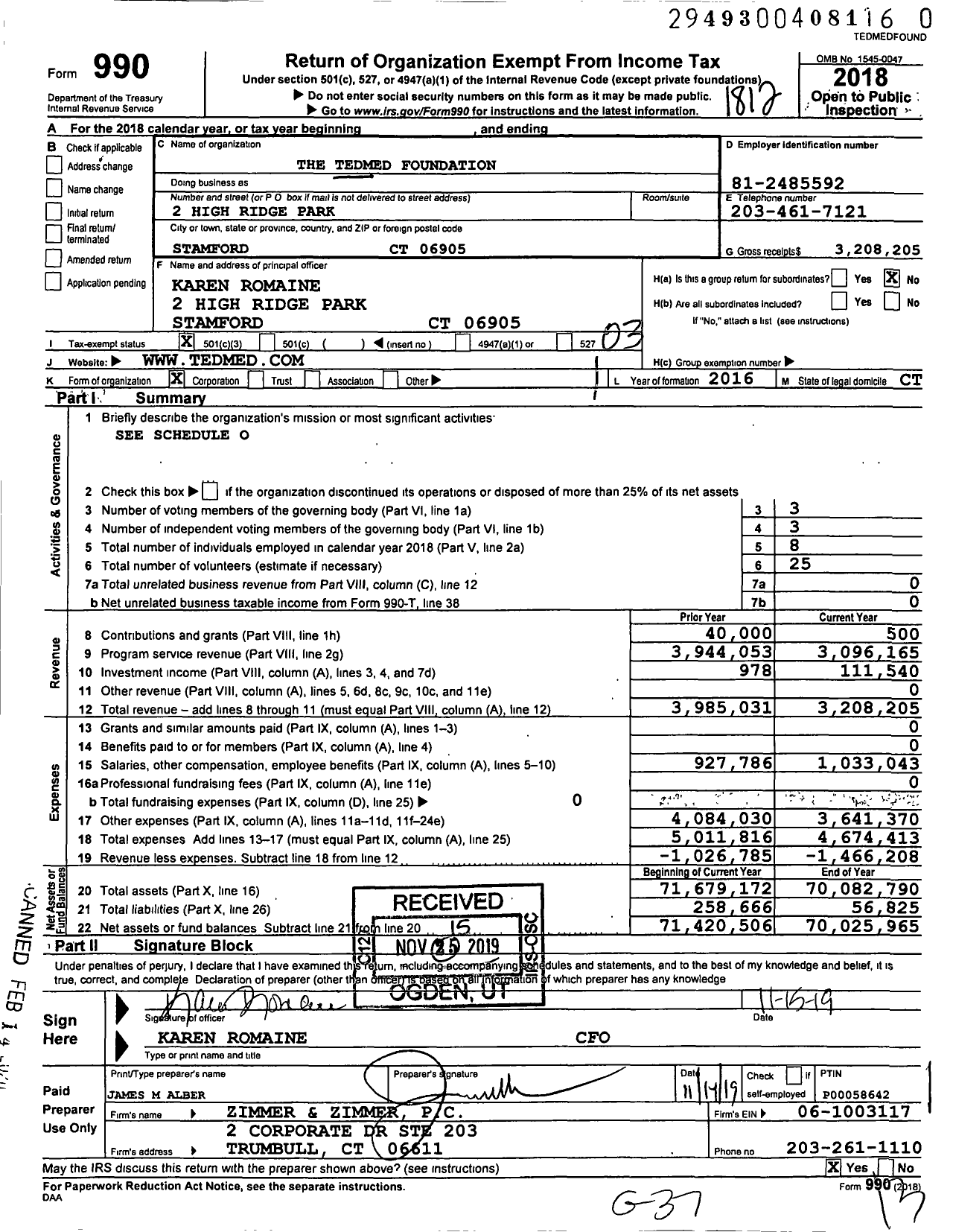 Image of first page of 2018 Form 990 for The Tedmed Foundation