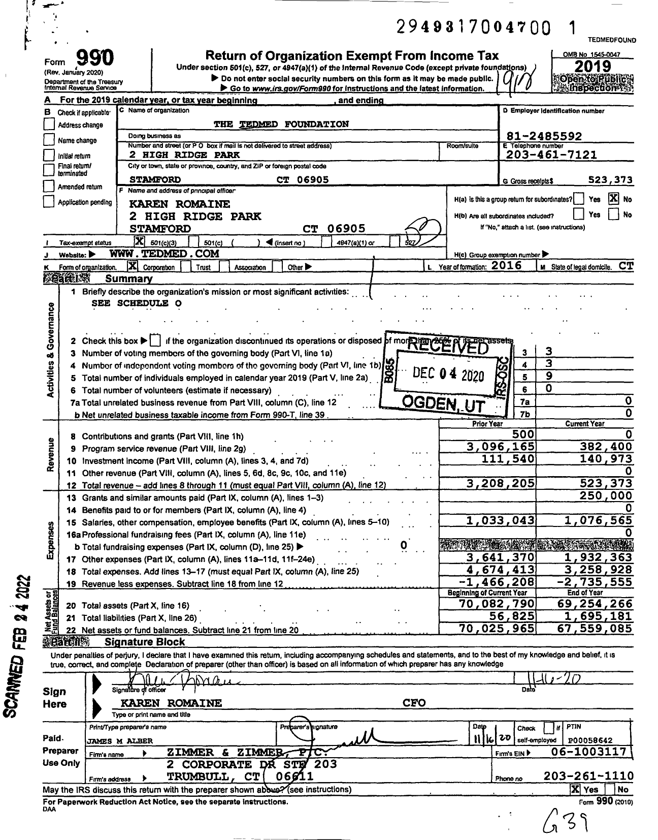 Image of first page of 2019 Form 990 for The Tedmed Foundation