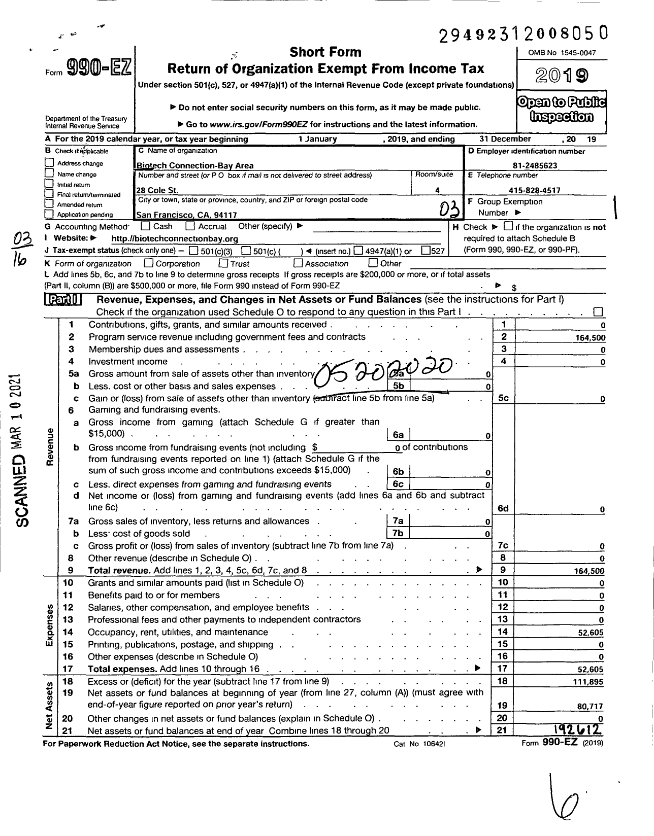 Image of first page of 2019 Form 990EZ for Biotech Connection - Bay Area (BCBA)