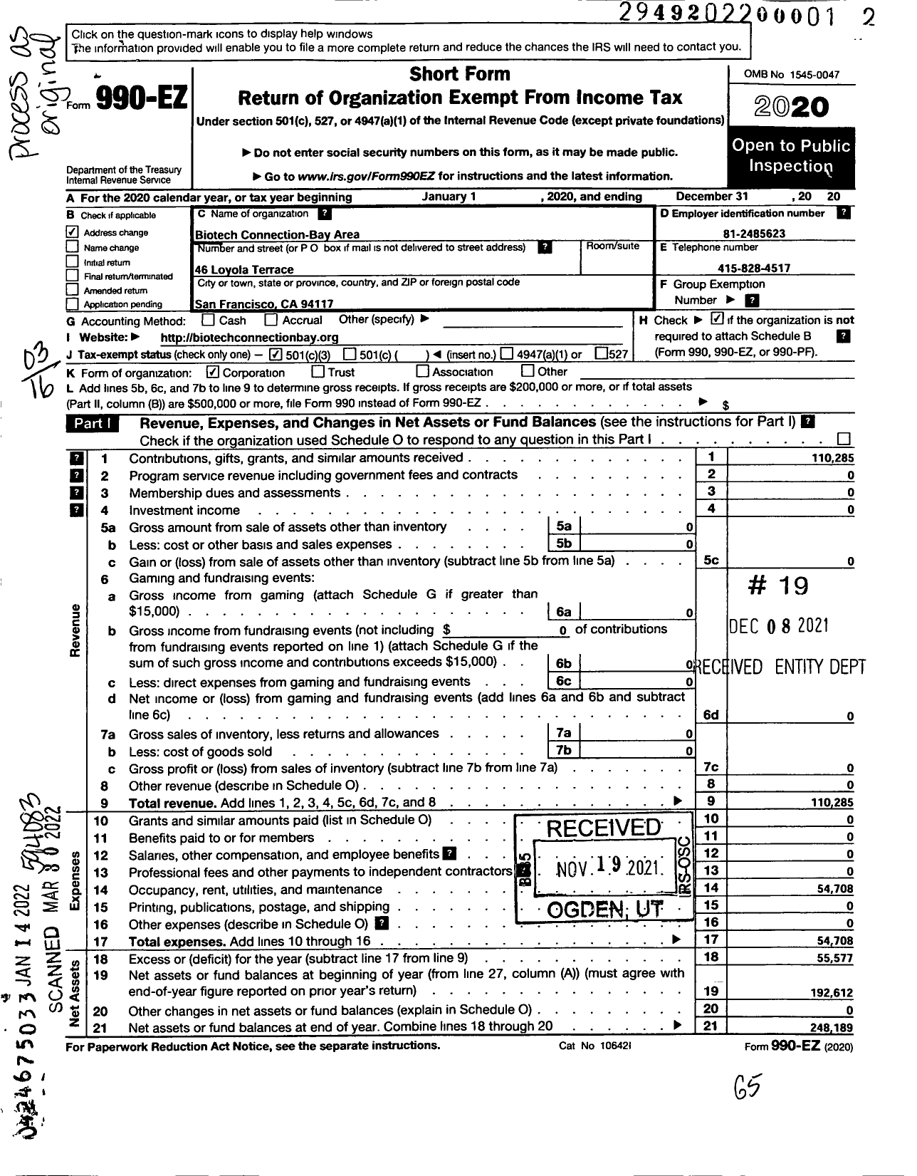Image of first page of 2020 Form 990EZ for Biotech Connection - Bay Area (BCBA)