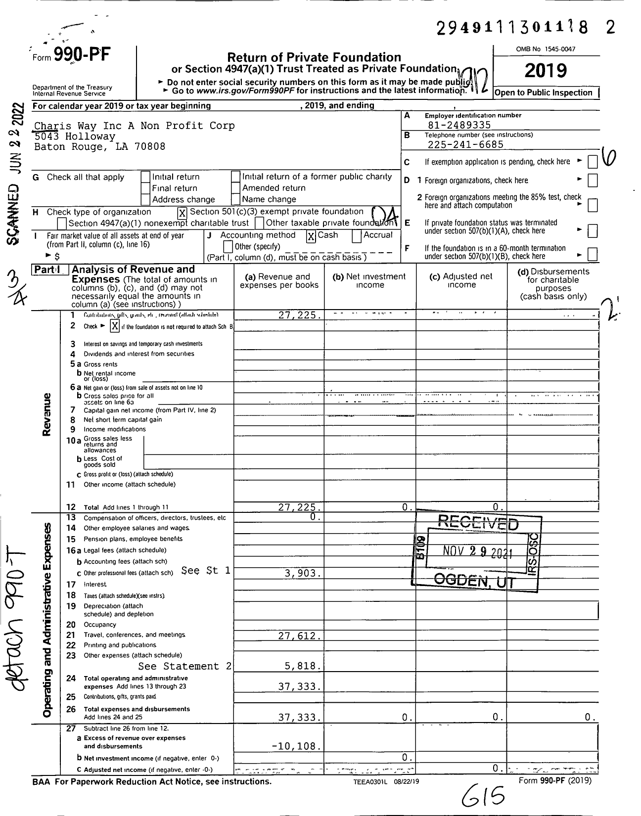 Image of first page of 2019 Form 990PF for Charis Way Inc A Non Profit Corp