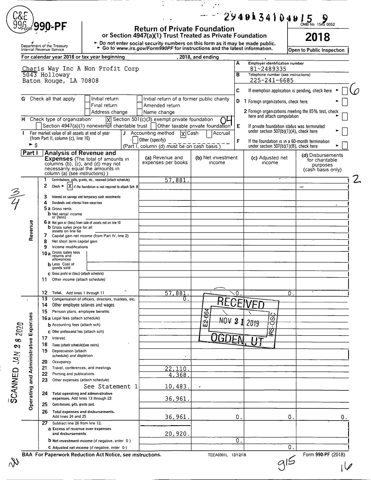 Image of first page of 2018 Form 990PF for Charis Way Inc A Non Profit Corp