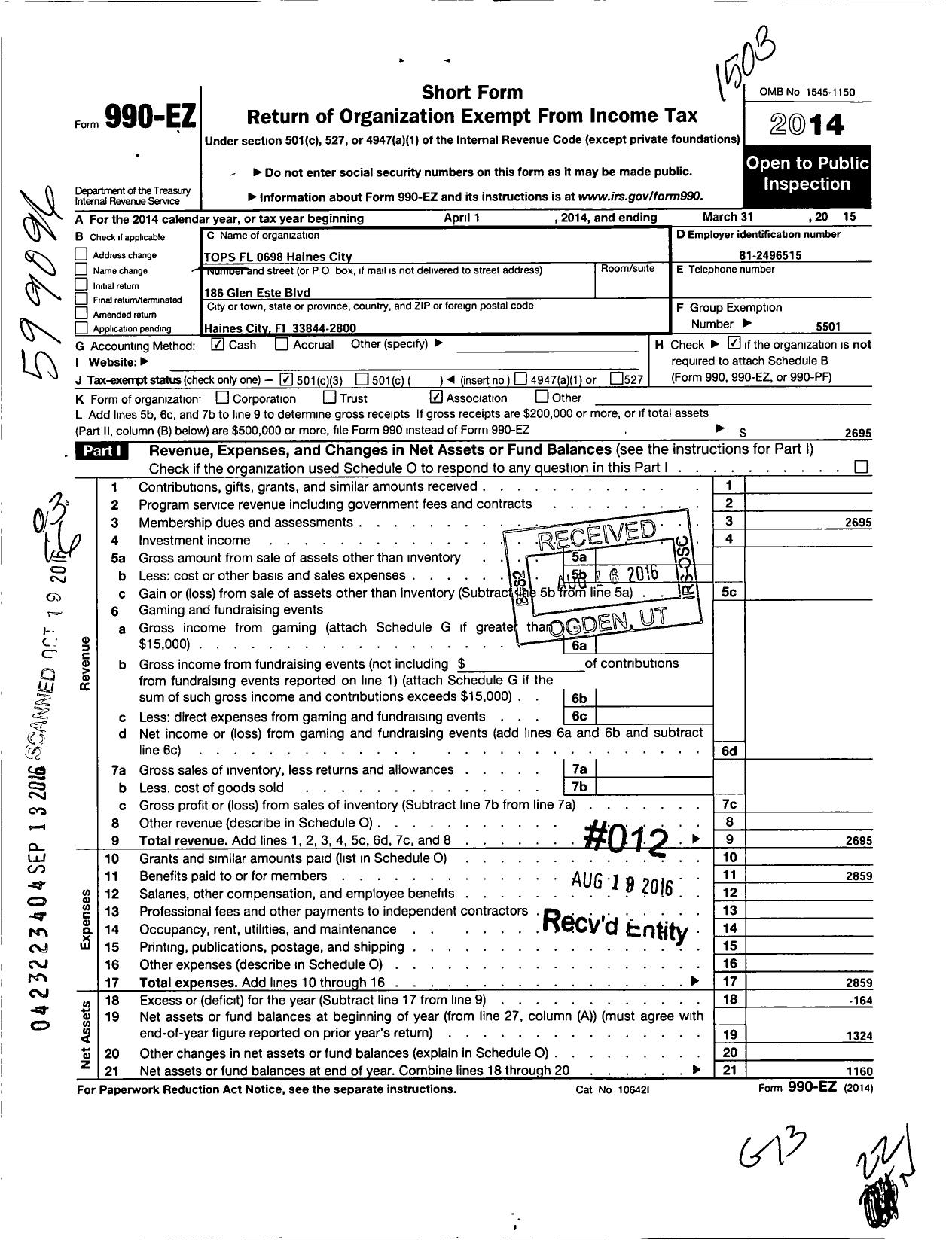 Image of first page of 2014 Form 990EZ for Tops Club - 0698 Haines City Tops FL