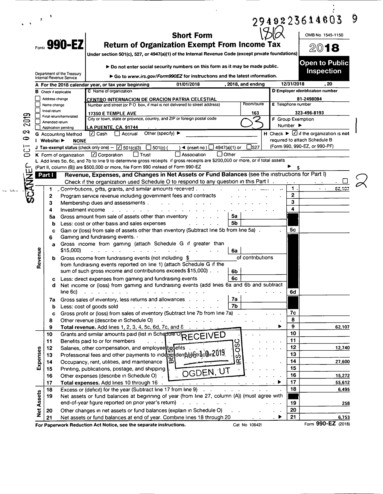 Image of first page of 2018 Form 990EZ for Centro Internacional de Oracion Patria Celestial