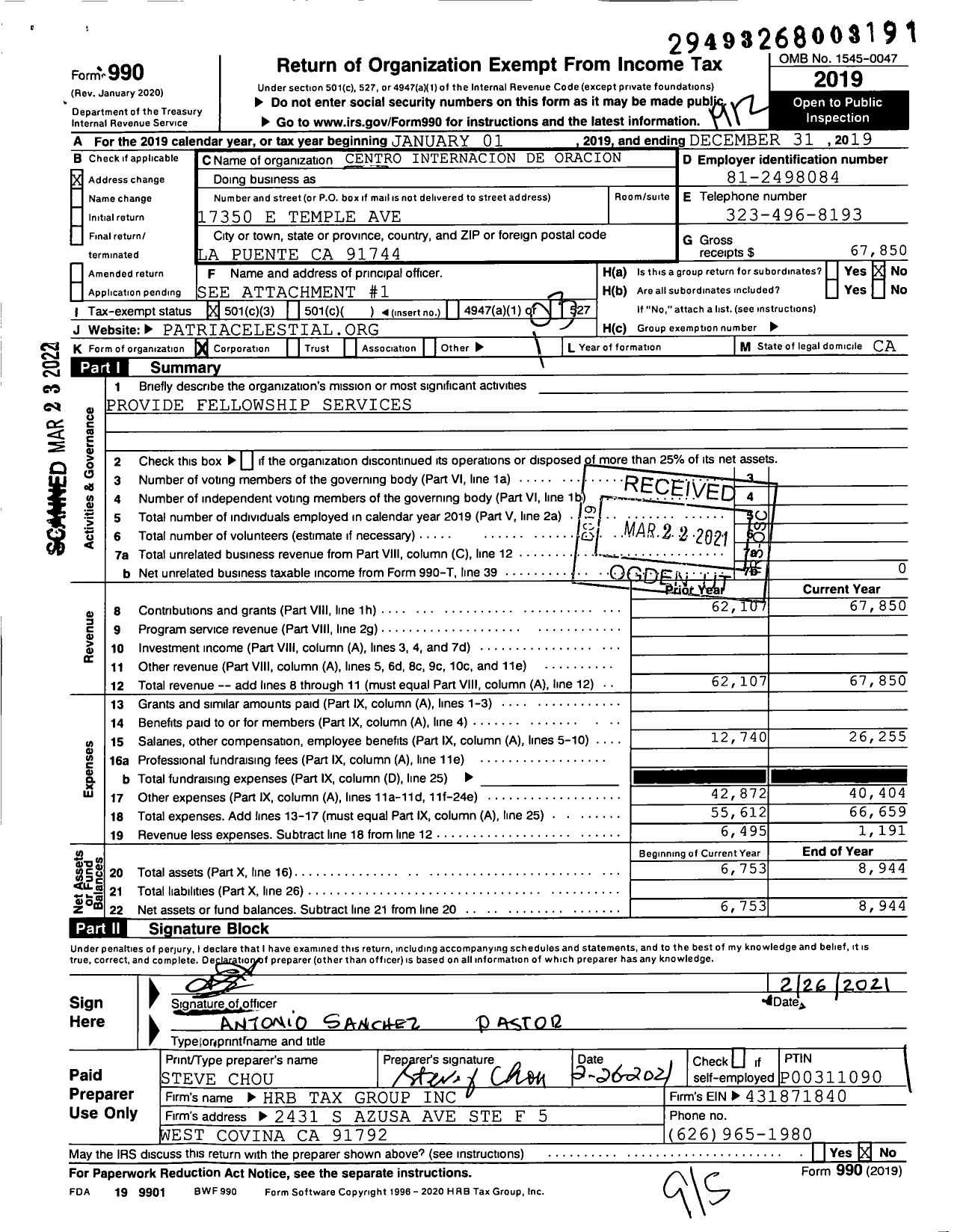 Image of first page of 2019 Form 990 for Centro Internacional de Oracion Patria Celestial