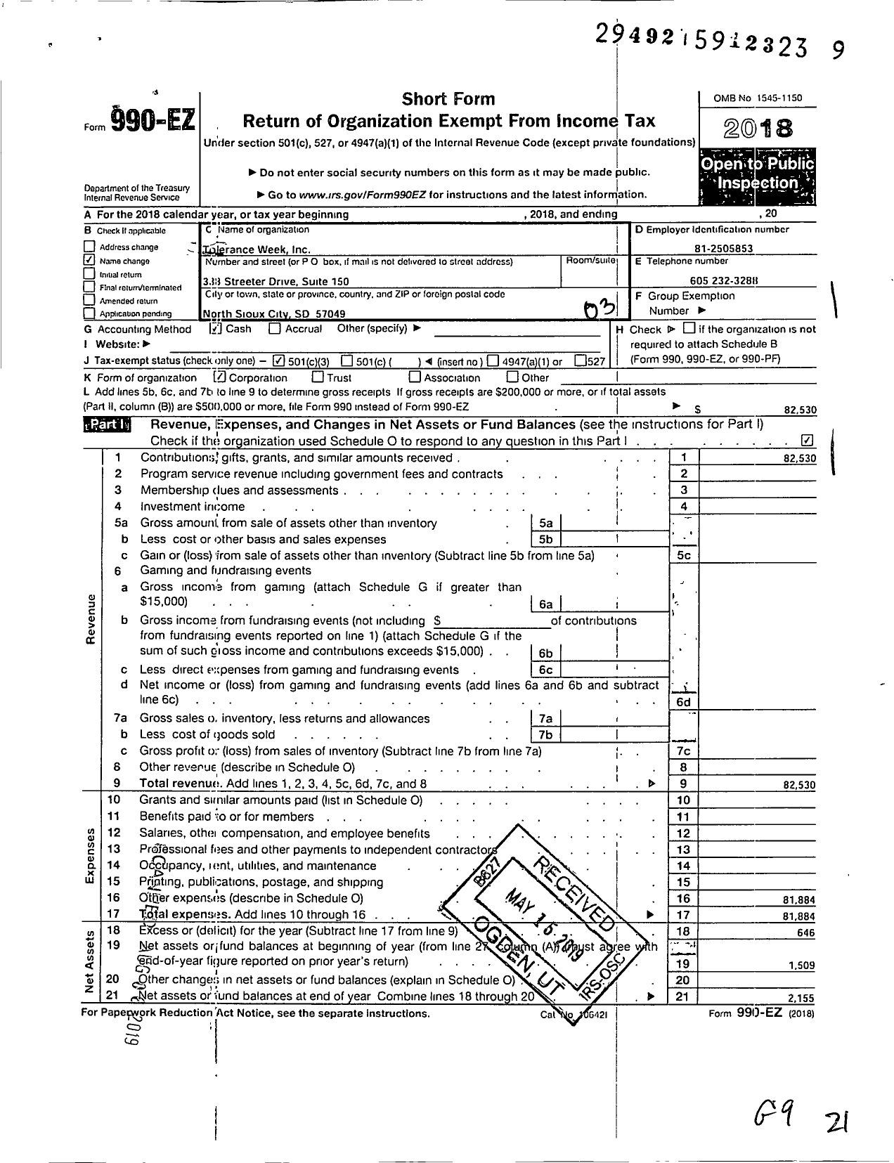 Image of first page of 2018 Form 990EZ for Tolerance Week