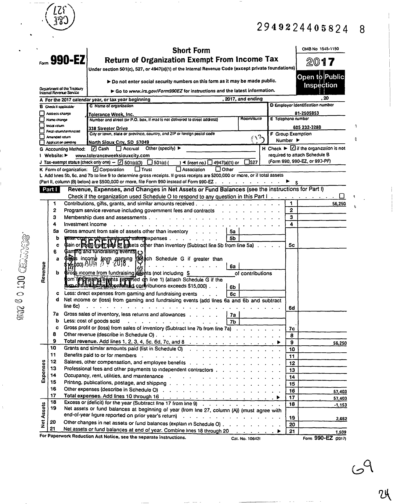 Image of first page of 2017 Form 990EZ for Tolerance Week