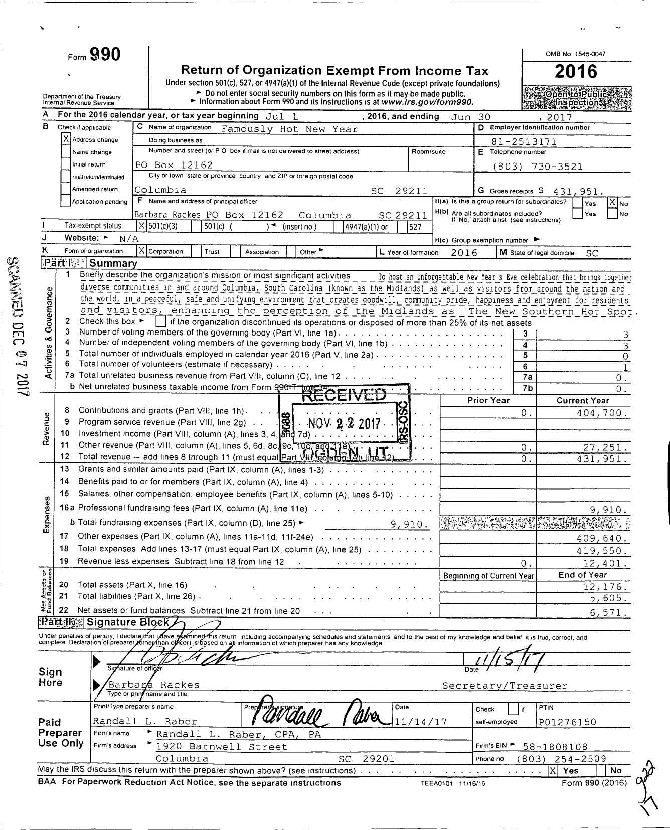 Image of first page of 2016 Form 990 for Famously Hot New Year