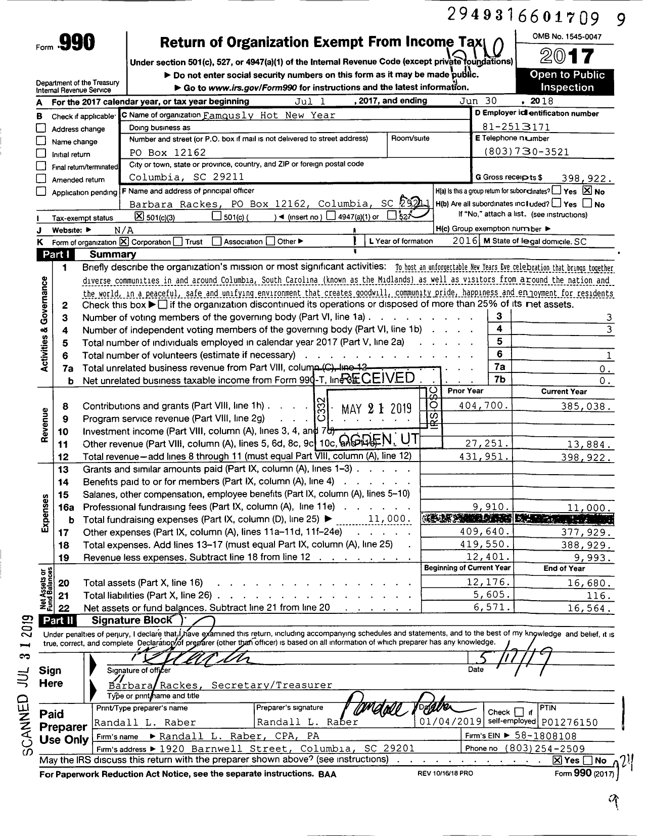 Image of first page of 2017 Form 990 for Famously Hot New Year