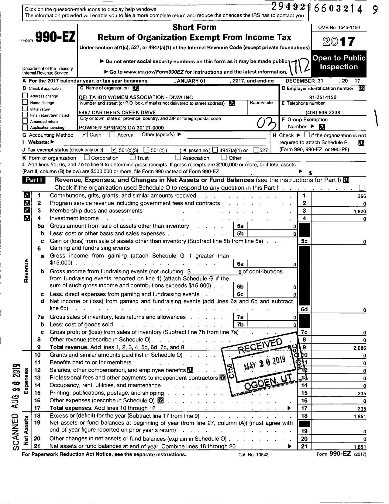 Image of first page of 2017 Form 990EZ for Delta Ibo Women Association Diwa