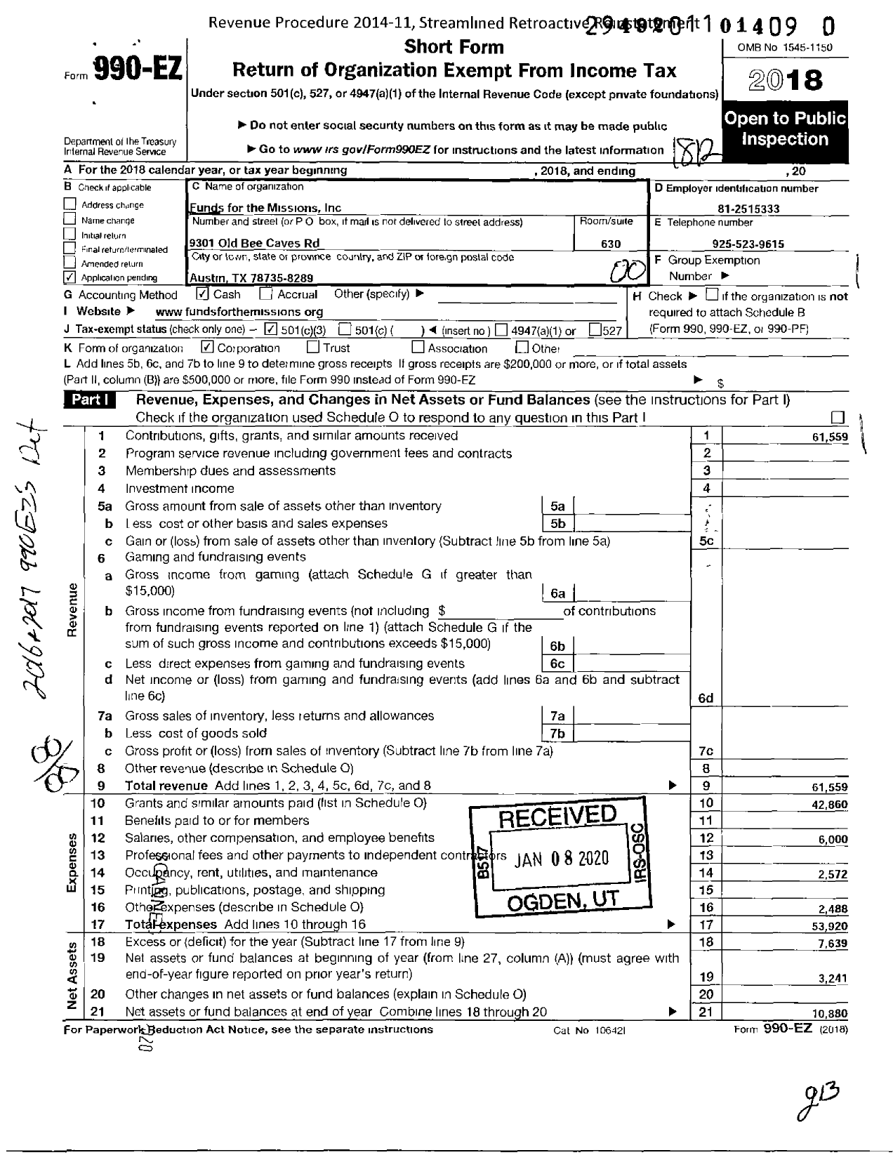 Image of first page of 2018 Form 990EO for Funds for the Missions