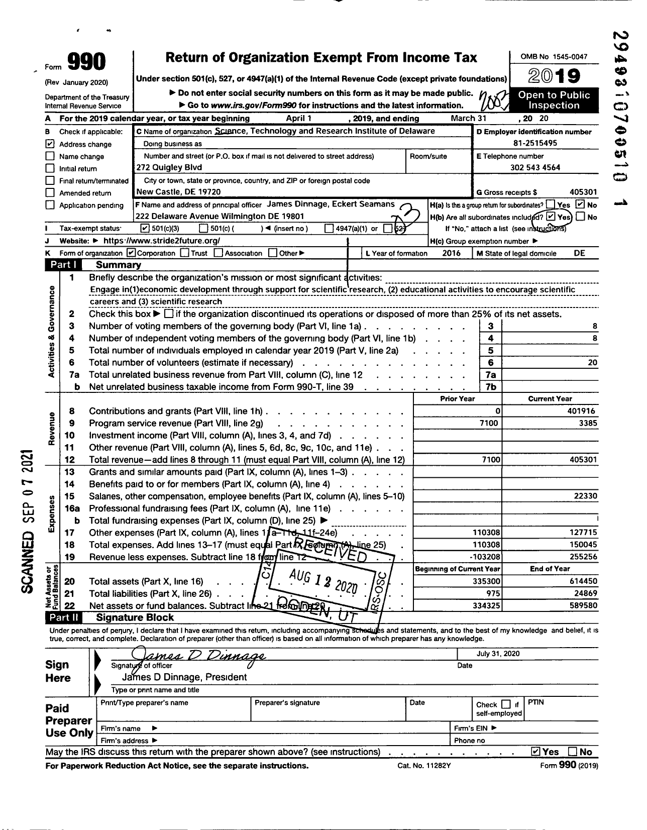 Image of first page of 2019 Form 990 for Science Technology and Research Institute of Delaware