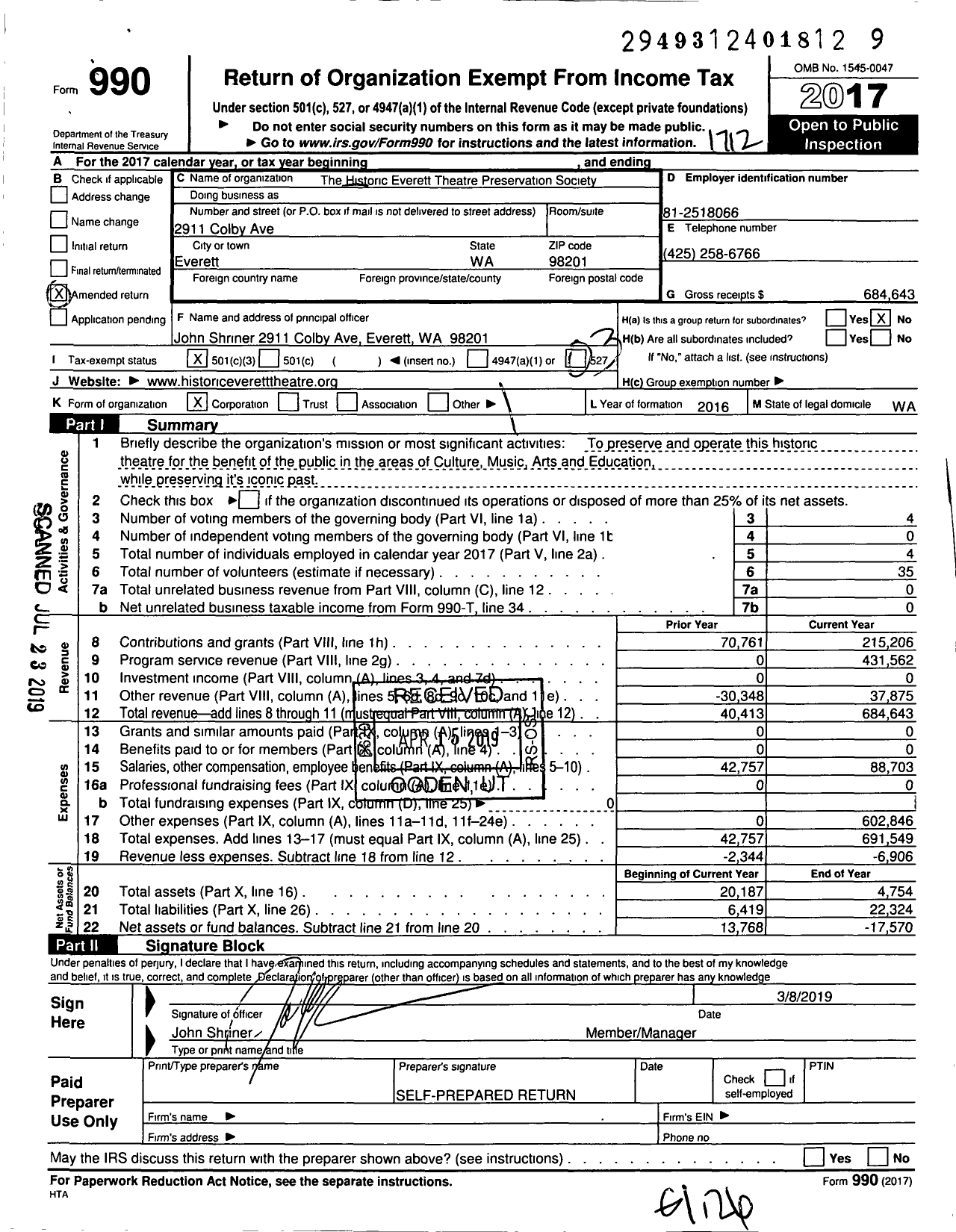 Image of first page of 2017 Form 990 for Historic Everett Theatre