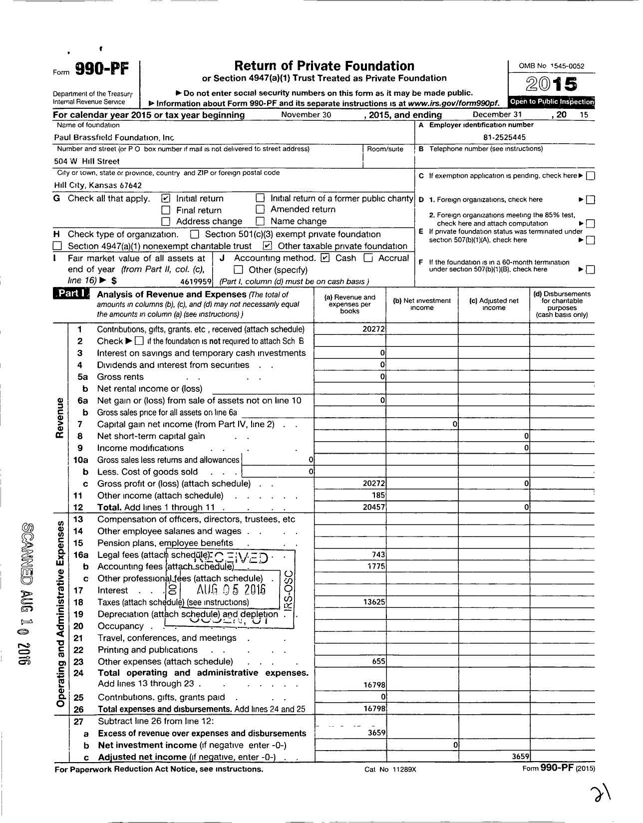 Image of first page of 2015 Form 990PF for Paul Brassfield Foundation